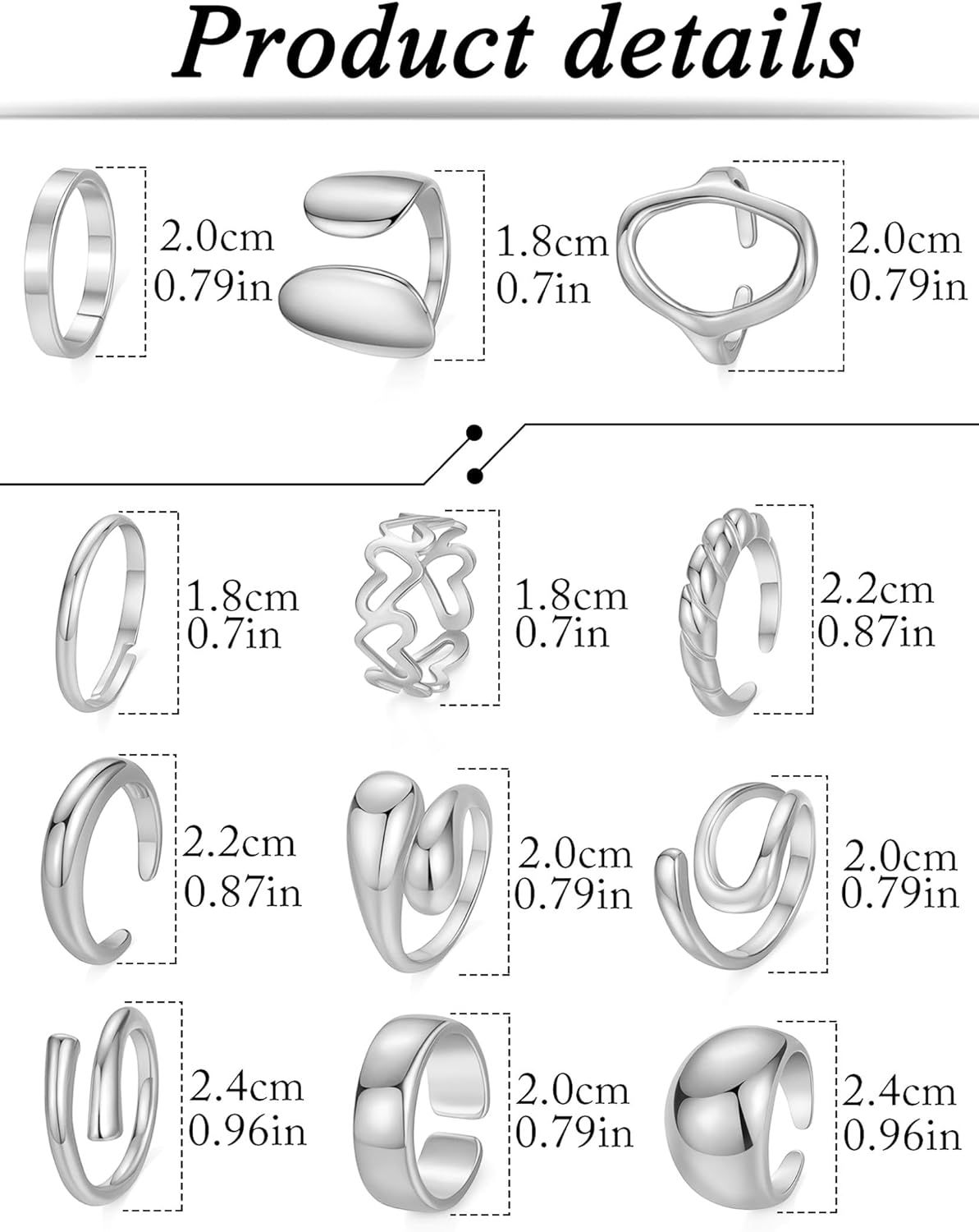 12Pcs Gold Chunky Rings 18K Gold Plated Stackable Open Knuckle Ring Set Hollow Heart Twist Croissant Dome Band Statement Finger Rings for Women Gold Silver Tone Adjustable - Image 4