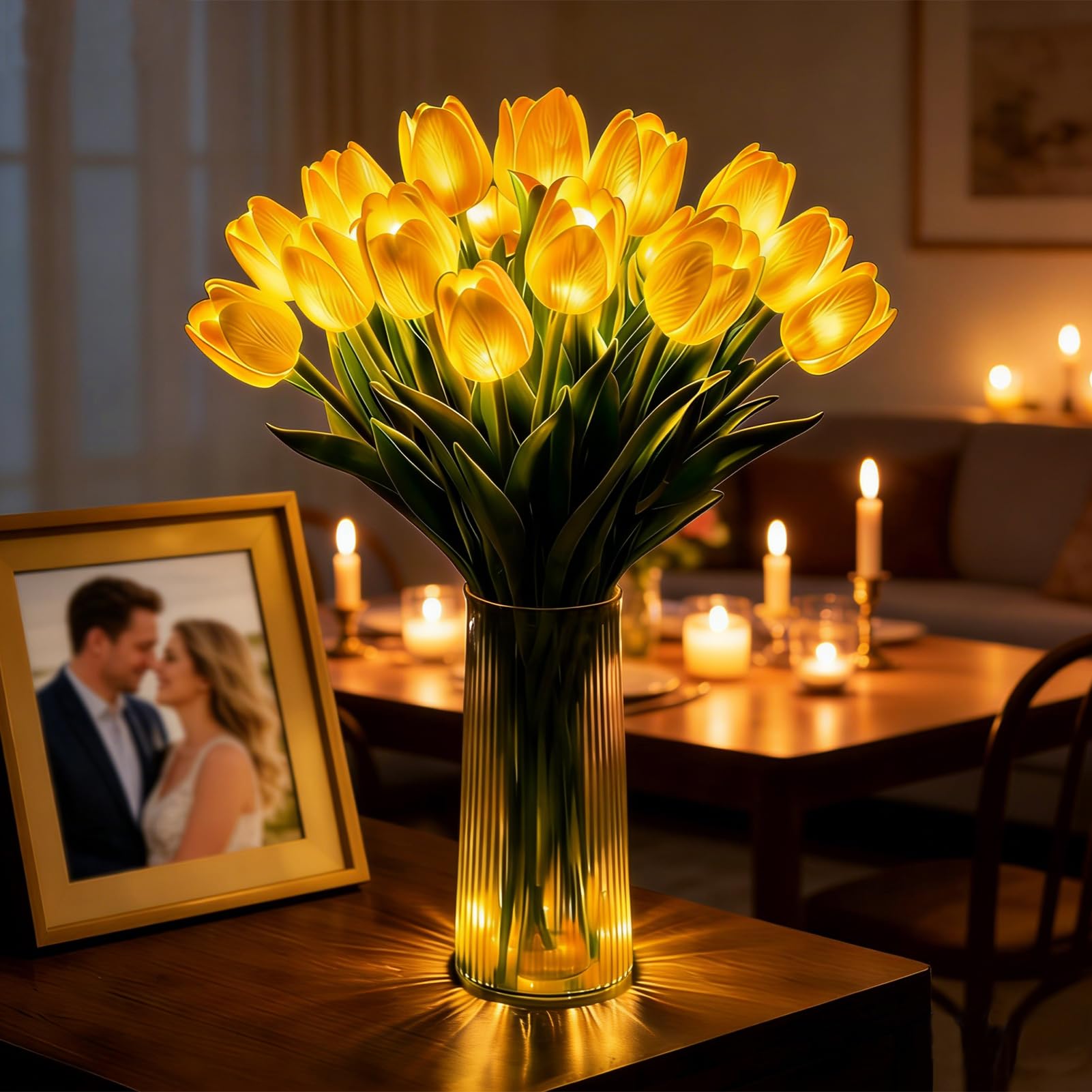 2026 Radiant Romantic Tulip Light with Vase, LED Tulips Night Lamp, LED Artificial Flowers Ambient Night Lamp,for Home Decor and Wedding Anniversary,Mother's Day (15*Yellow Flowers,Without Vase)