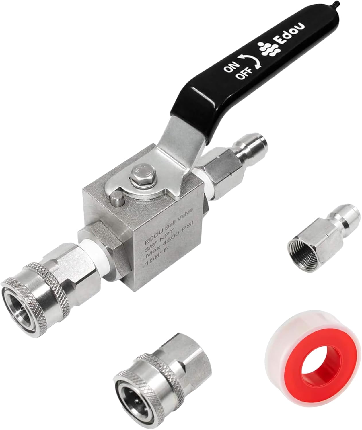 EDOU Direct Ball Valve for High Pressure Washer Hose Kit | 3/8" Male Plug X 3/8" Female Quick Connect | 4,500 PSI Max Working Pressure | Includes replacement Quick Connect and Teflon Tape