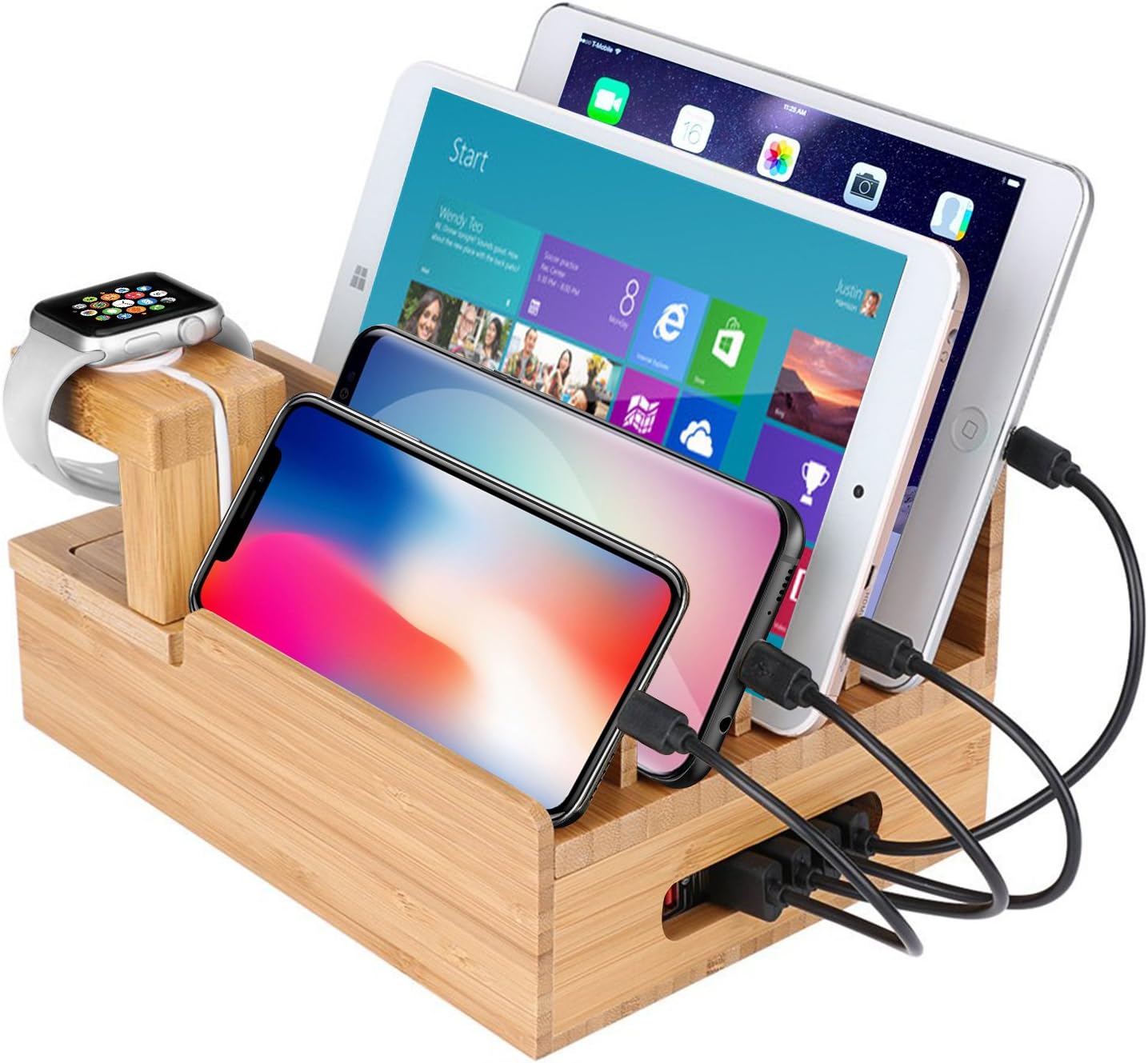 Amazon Homexin 竹製 充電スタンド 5ポート 複数同期 充電ステーション デスクトップ ケーブル充電収納ボックス 充電ホルダー Apple Watch Airpods Iphone Ipad Mac Nexus Galaxy Android タブレット Pc スマホ Kindle など充電対応 Homexin スタンド