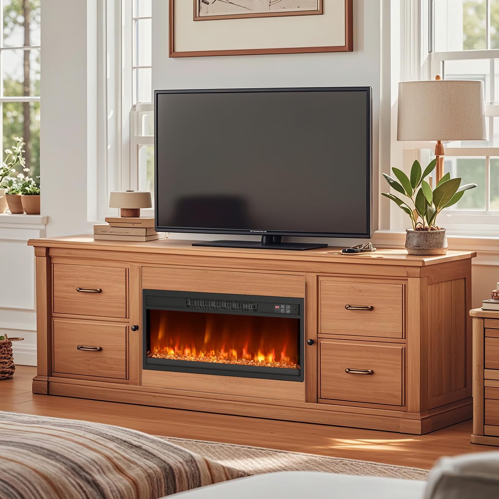 GOPLUS Cheminée Electrique avec Effet Flamme LED 1500W, Chauffage Réglable 17-32℃, Fausse Cheminée 8 Couleurs et 3 Luminosité Réglable, Cheminee Decorative Intégral avec Télécommande, Minuterie 9H