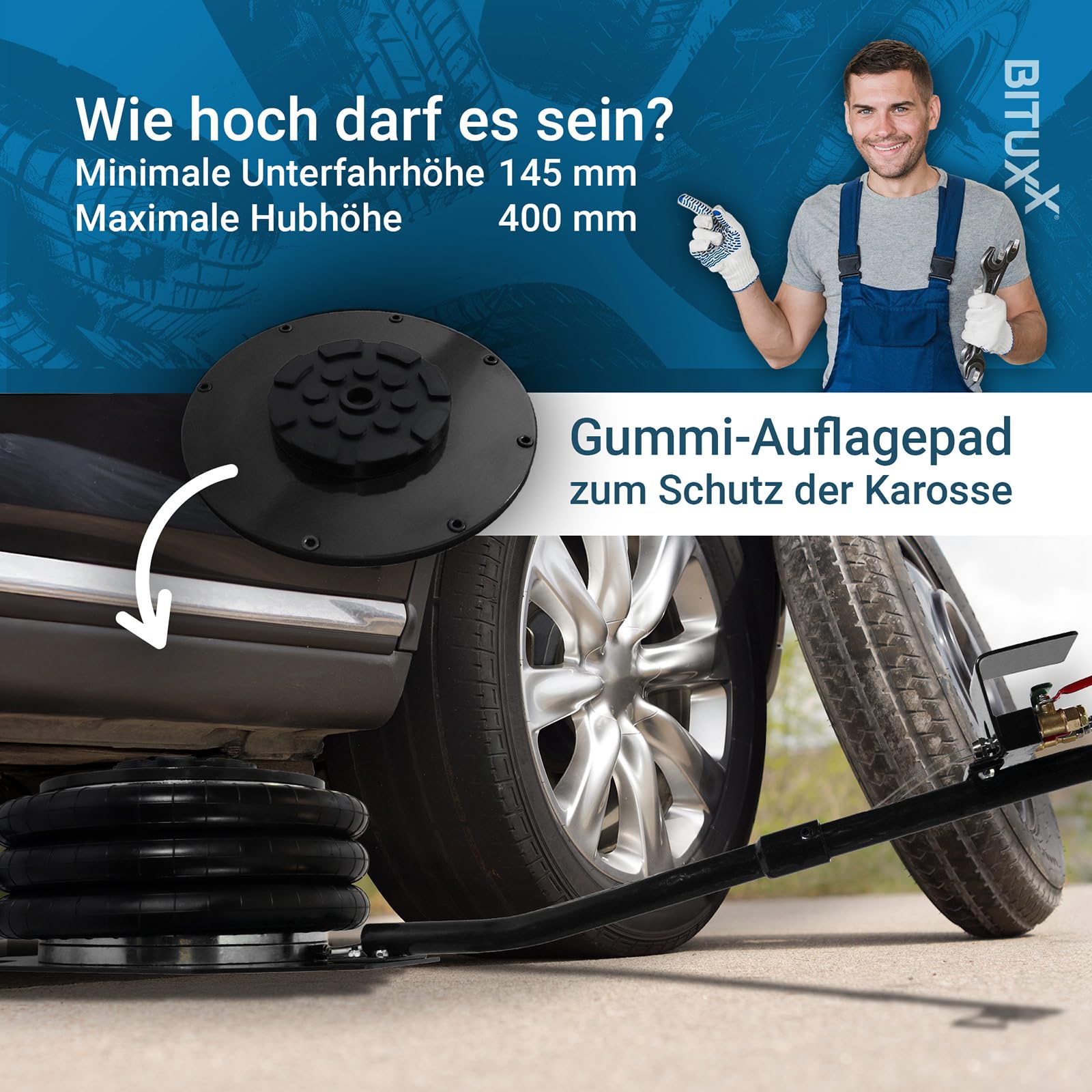 BITUXX Pneumatischer Wagenheber Druckluftwagenheber Luftkissen Autoheber für KFZ Auto bis 3000Kg 3T Schwarz