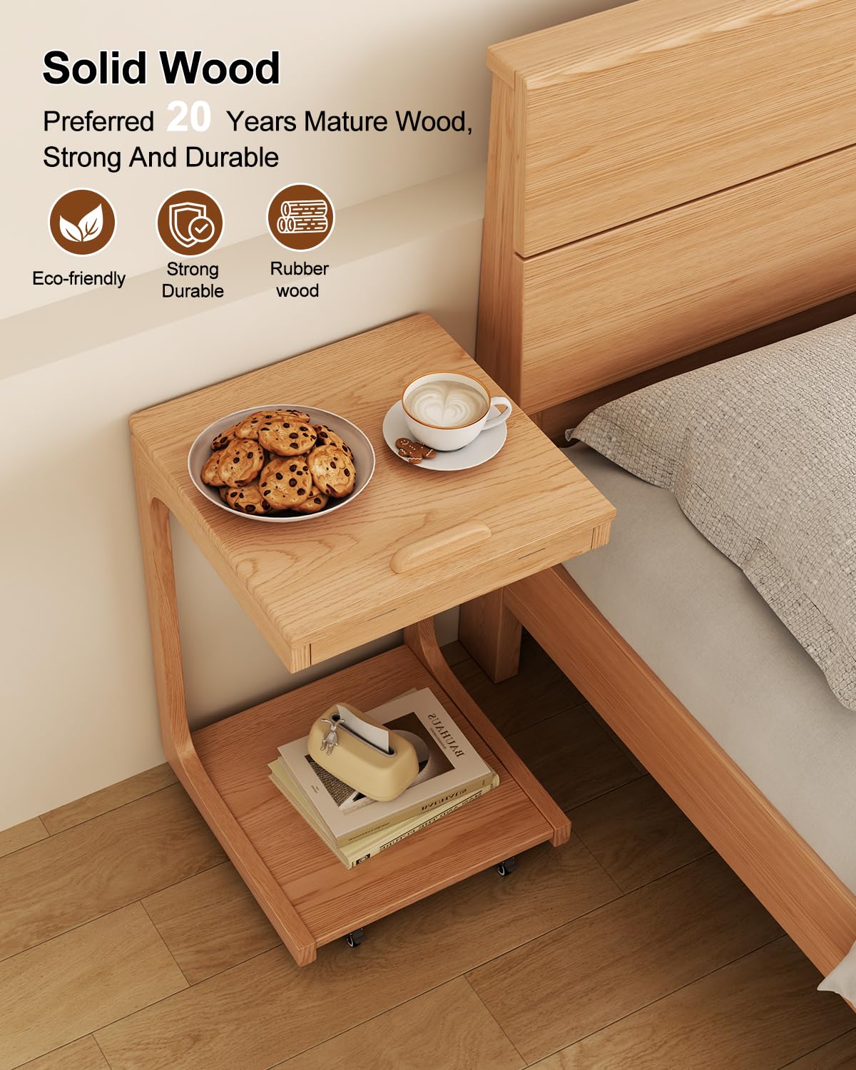 AQIMUELE Tavolino laterale in legno, tavolo per divano con ruote, a forma di C, tavolino da caffè mobile,40P x 40l x 63H cm, per caffè e computer portatile (Naturale)