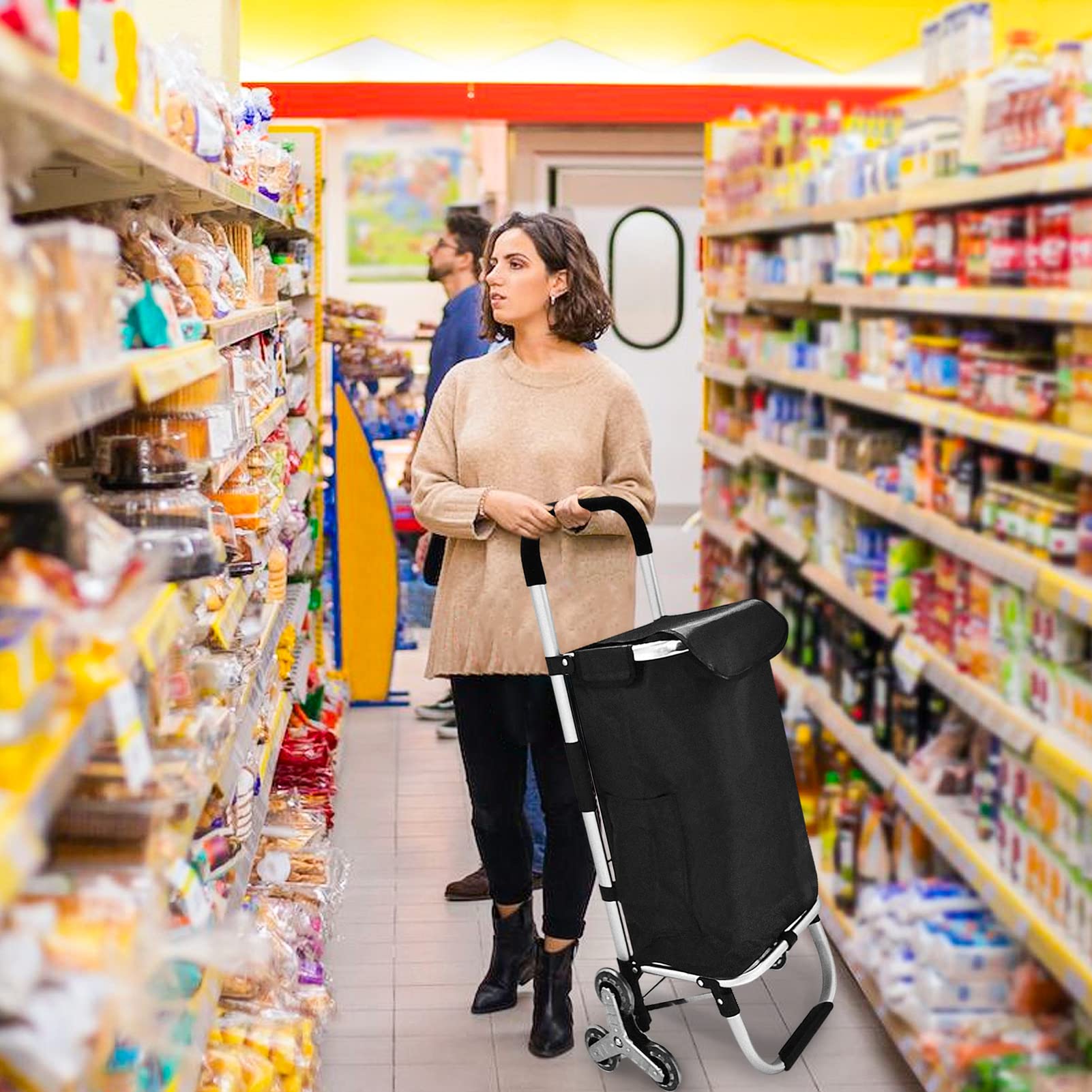 Carro de la compra plegable 3 en 1, carro de la compra para escalera, carrito de compras plegable con bolsa de lona impermeable extraíble y ruedas para escalera, carrito multiusos portátil