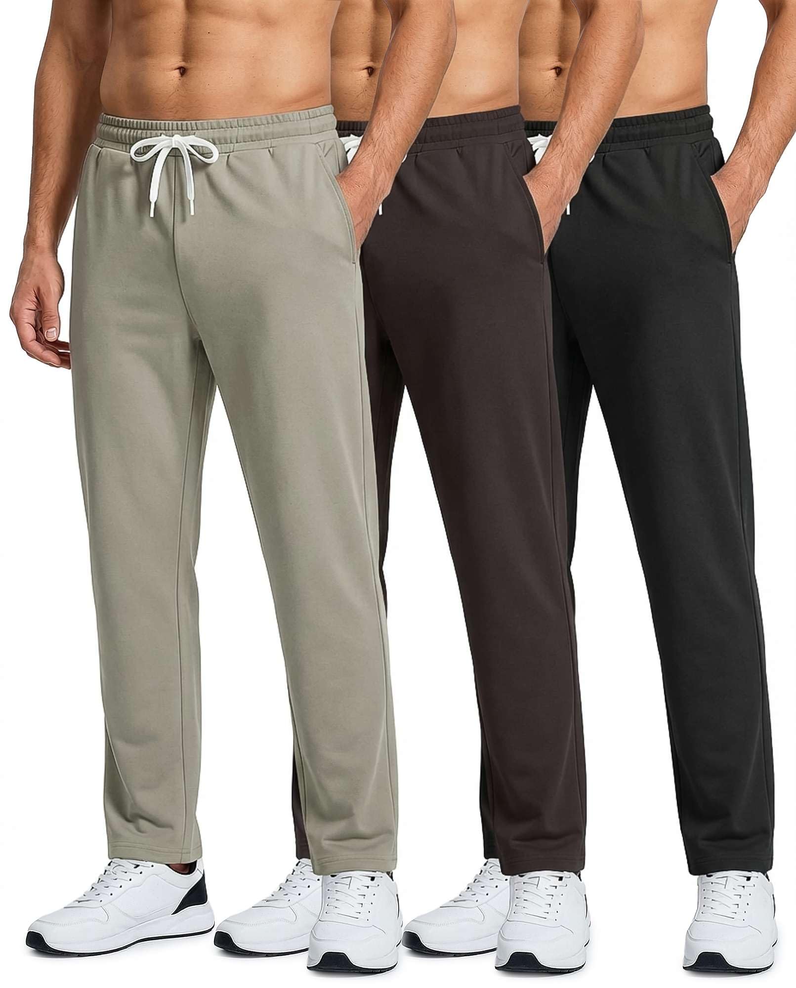 Real Essentials 3 Pack Mens French Terry Open Bottom Sweatpants - Casual Lounge Comfort Gym with Pockets