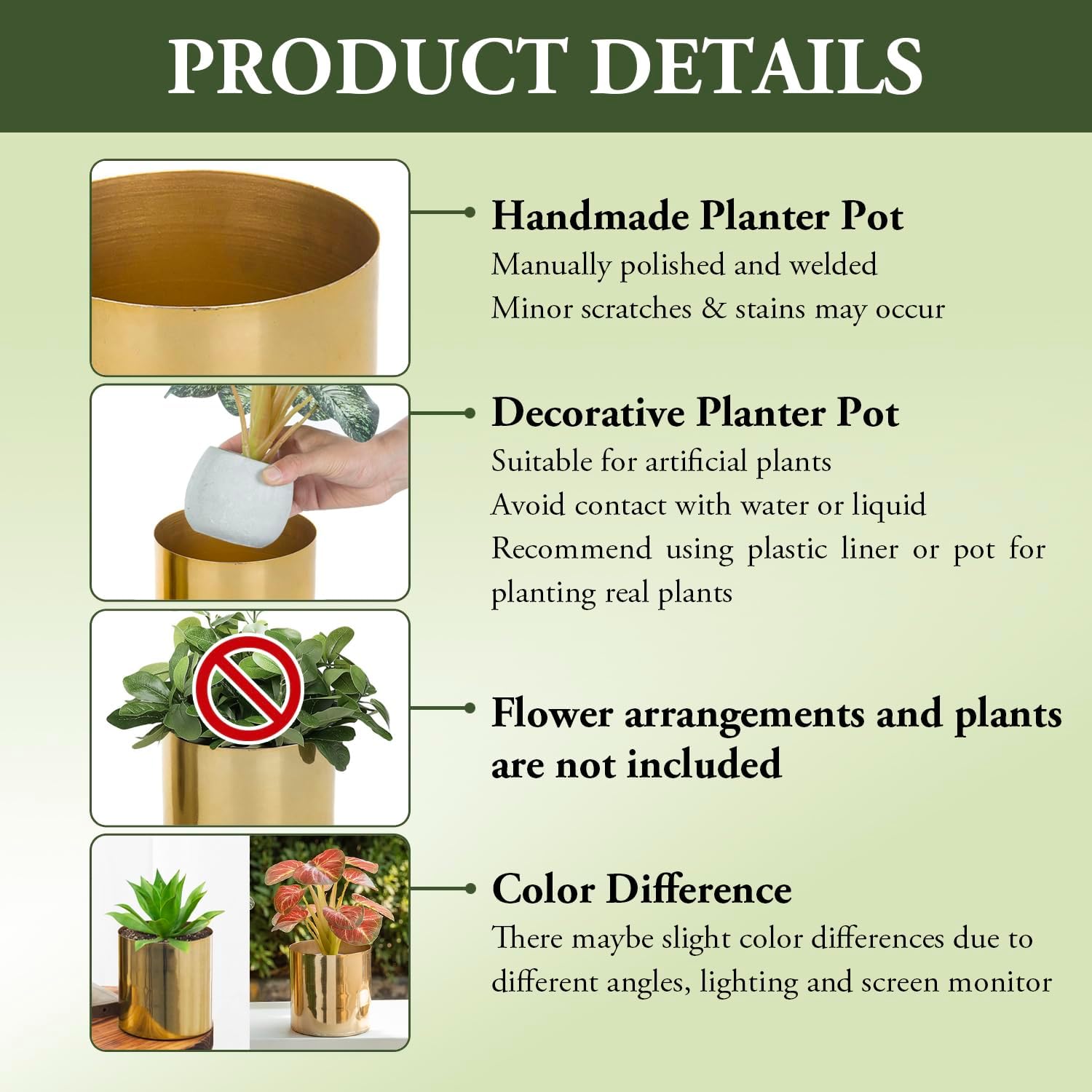 MyGift Set of 2 Handcrafted Shiny Brass-Tone Metal Plant Pots & Flower Vases – Decorative Indoor Table Planters, Handmade in India