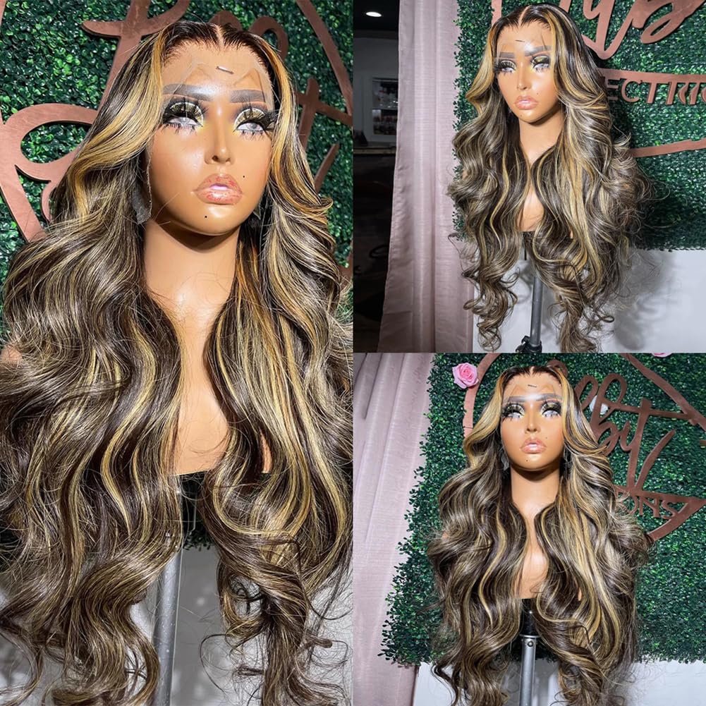 28 Inch 13x6 Balayage Highlight Lace Front Wig Human Hair 13x6 HD Lace Front Wigs Human Hair Body Wave Wig 180% Density FB/27 Colored Frontal Wigs Glueless for Women Ombre - Image 2