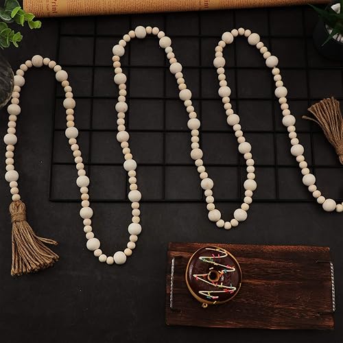 Miniatura 5 de Jetec Guirnalda de cuentas de madera de 7.9 pies con borlas, adornos colgantes de Navidad, decoración bohemia de granja, guirnalda de cuentas de