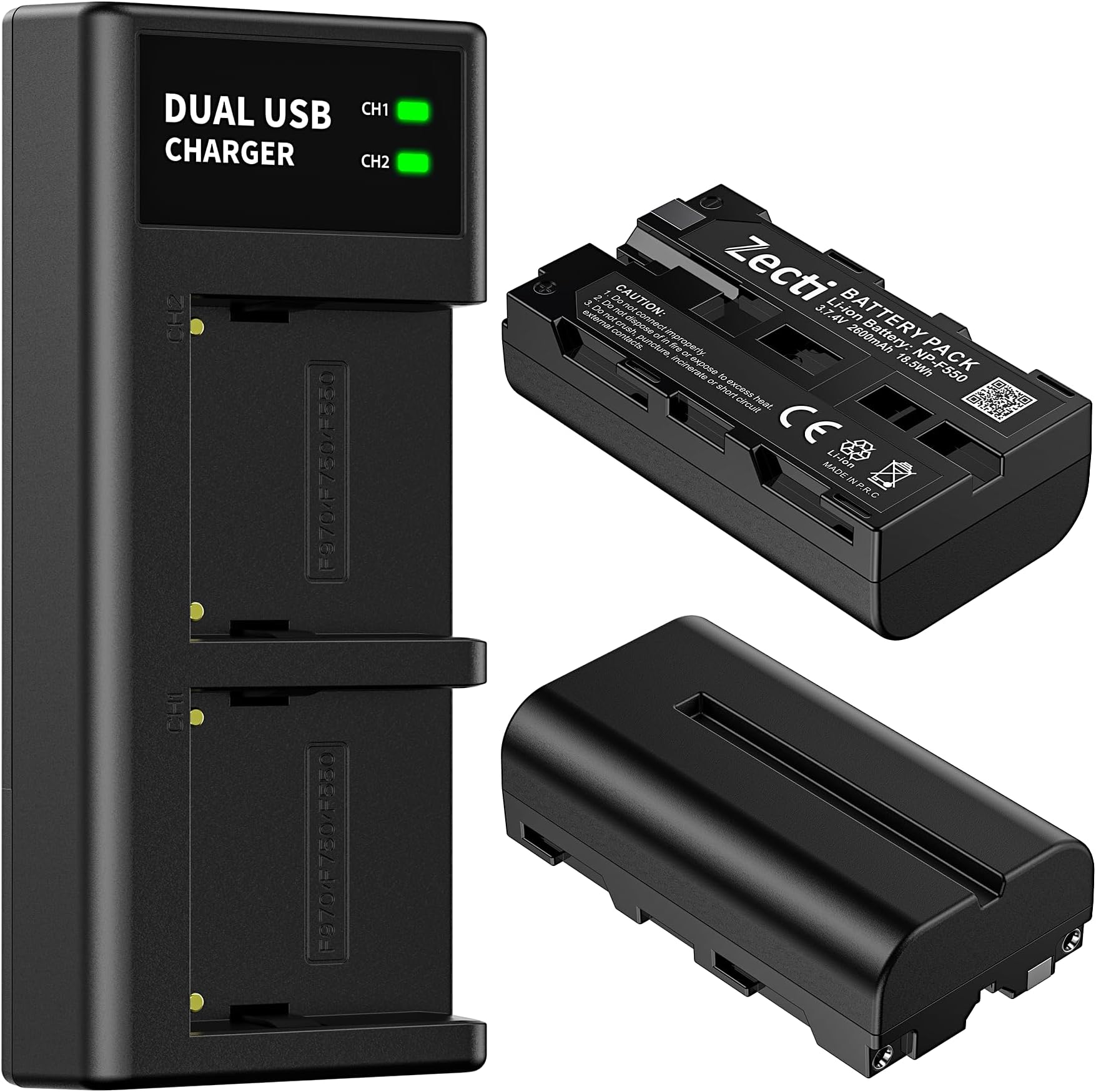 ZectiNP-F550 Battery 2-Pack and USB Dual Slot Charger Compatible with NP F550 F570 F960 F970 F770 F750 F330 F530, CCD-SC55 TR516 TR716 TR818 TR910 TR917 Zecti Camera Slider (2600mAh)