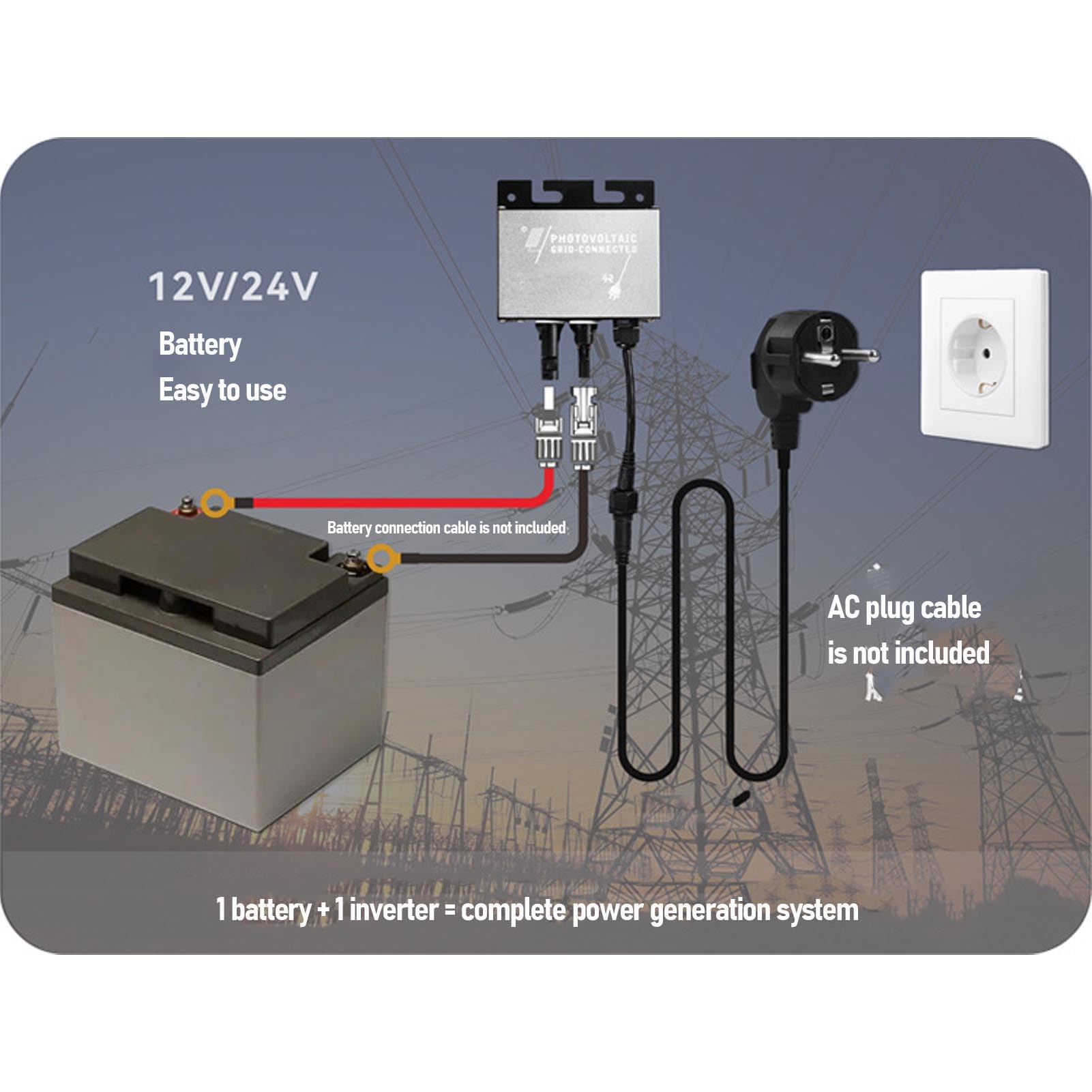 BuyWeek Inversor de Conexión a Red de 100 W, Entrada de Batería de 12V/24V CC a Microinversor de Salida de 180V-265V CA, Soporte a Prueba de Agua IP45 Conexión Rápida a Red
