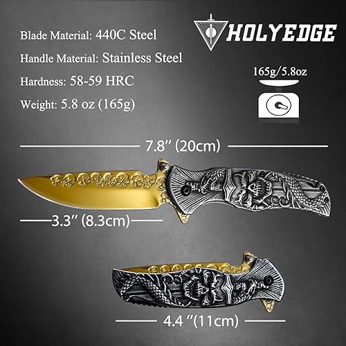 Miniatura 3 de HOLYEDGE Cuchillo de bolsillo plegable táctico de 7.8 pulgadas con hoja de espejo dorado de 3.3 pulgadas, mango de calavera 3D, con clip de