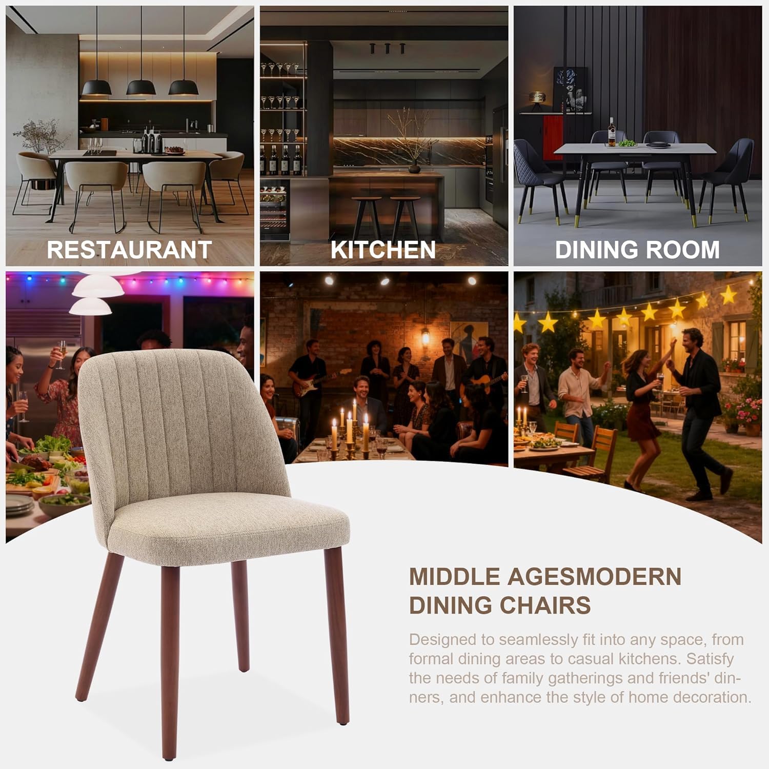 Juego De 2 Sillas De Comedor Modernas Tapizadas. Cómodo Asiento Acolchado De Tela De Lino. Patas De Madera Resistentes. Sillas Auxiliares Ergonómicas Para Cocina, Comedor, Restaurante y Cafetería
