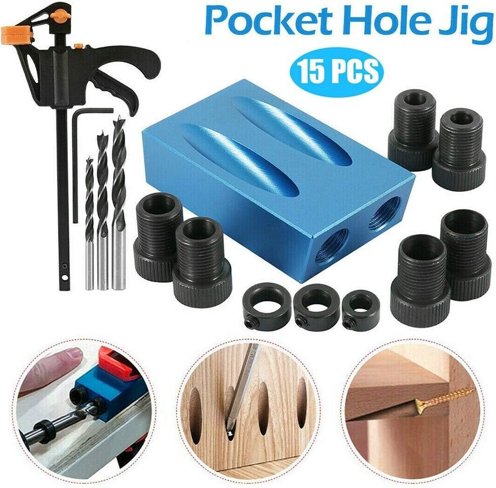 ETIGER 15° Angle Locator with Clamp Pocket Hole Screw Jig Dowel Drill Joinery Kit, 15pcs Carpenters Wood Woodwork Guides 6/8/10mm Drive Adapter for Guides Joint Tool Carpentry : Tools & Home Improvement