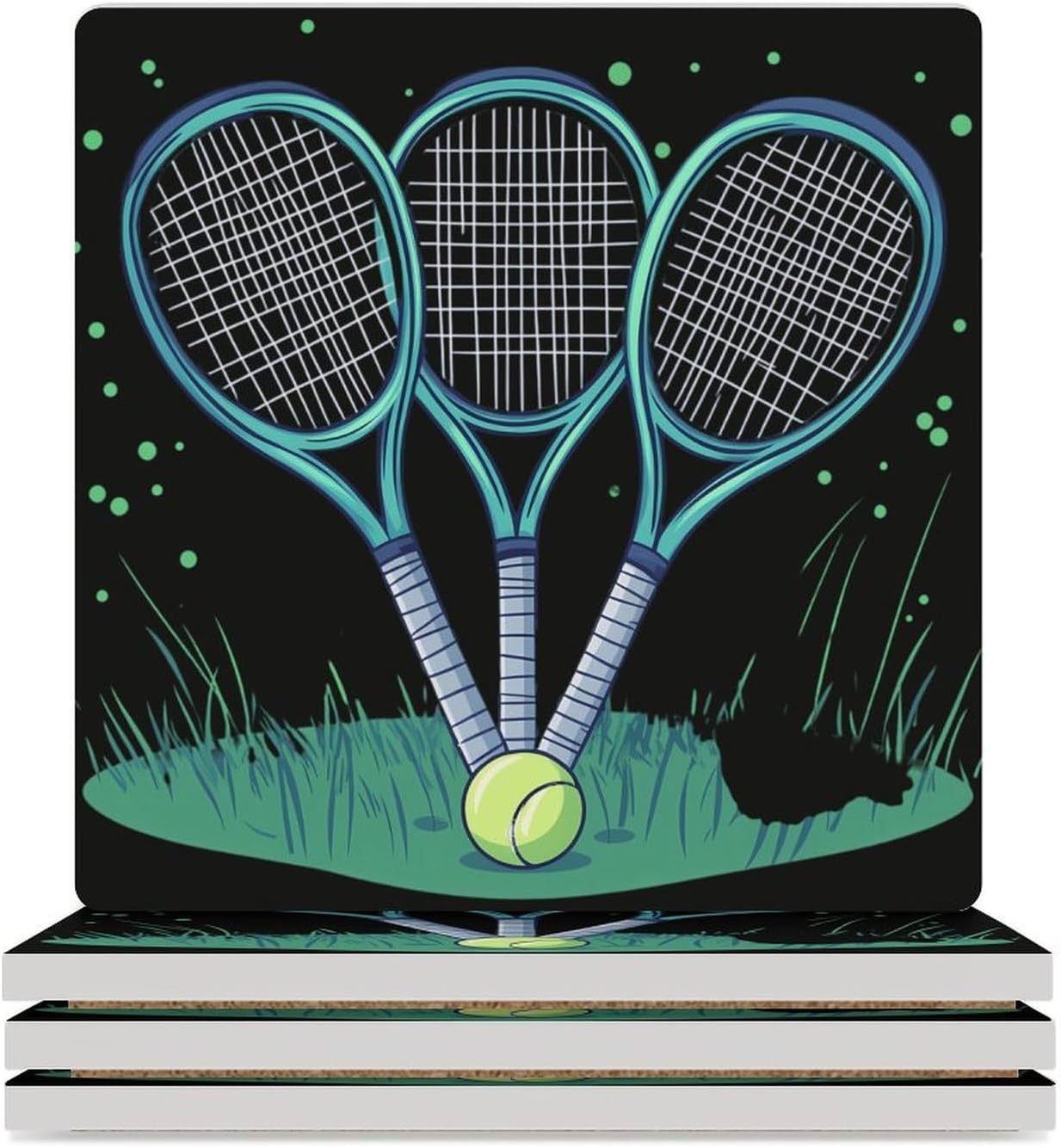 Tennis Racket and Ball Ceramic Coasters Square Drinks Coaster Coffee Table Decor Table Coaster for Home Bar