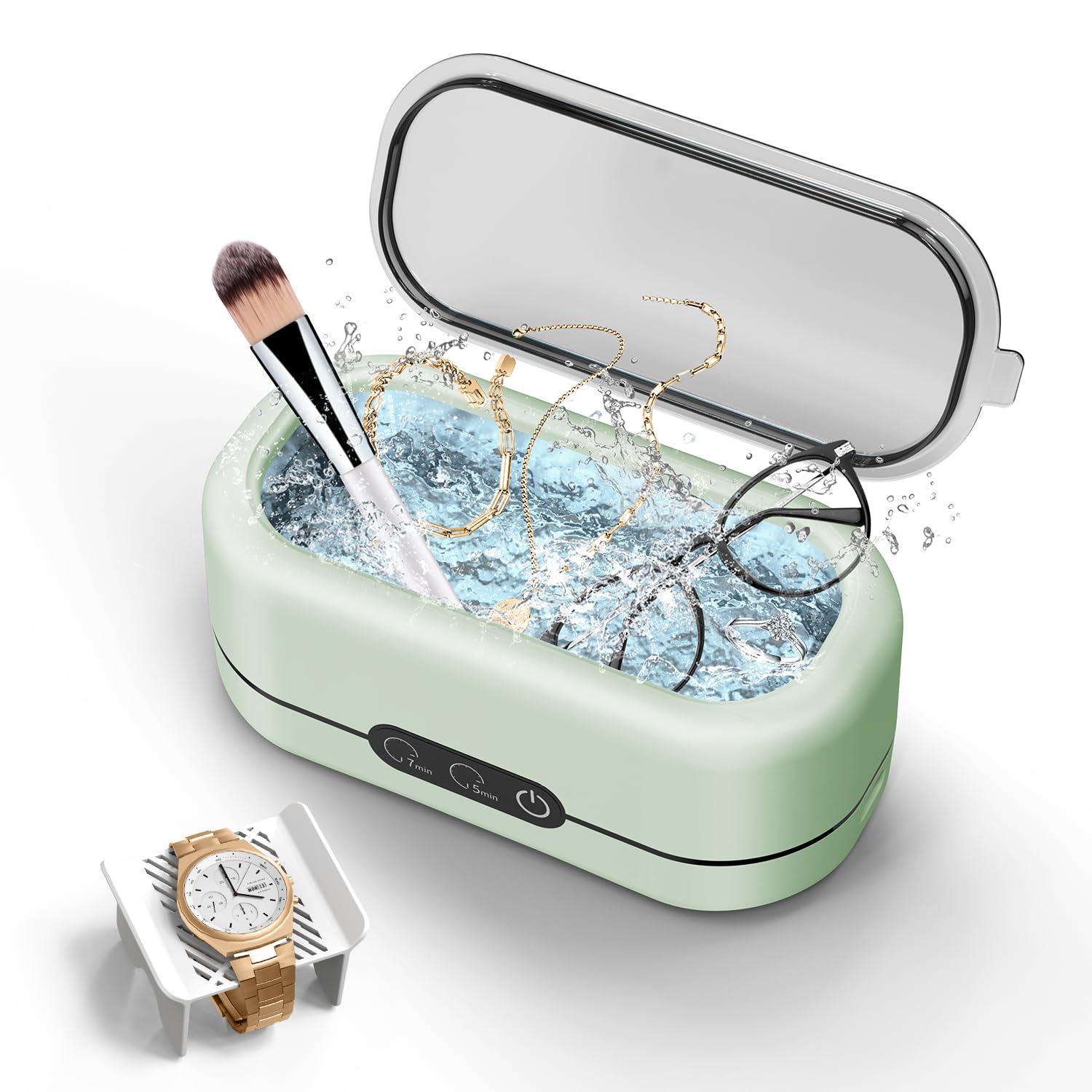 Miorcols Limpiador ultrasónico de joyas de 48 KHz, máquina limpiadora ultrasónica para joyas, gafas, anillos, correa de reloj, acero inoxidable 304, 340.2 g, color verde