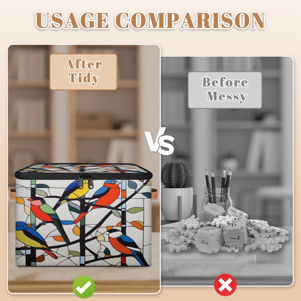 Storage Bin Set of 2 Modern Abstract Birds Storage Basket with Zipper Lid & Handle Foldable Closet Shelf 2 Pack Cloth Organizer Basket Cube Bins Clothes Organizer for Bedroom, Nursery