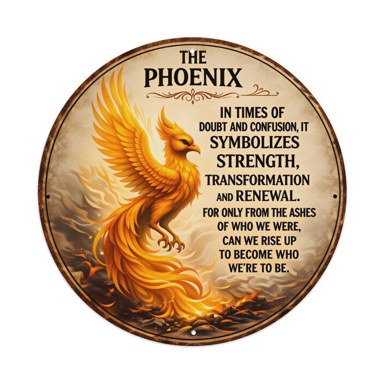 Wmlzdnwr Vintage Phoenix Rising From Ashes With Flames And Wings Round Tin Sign,Retro Wall Art,Metal Poster For Home, Bar, Garage, Cafe, Rustic Indoor & Outdoor Decor, 8X8 Inches