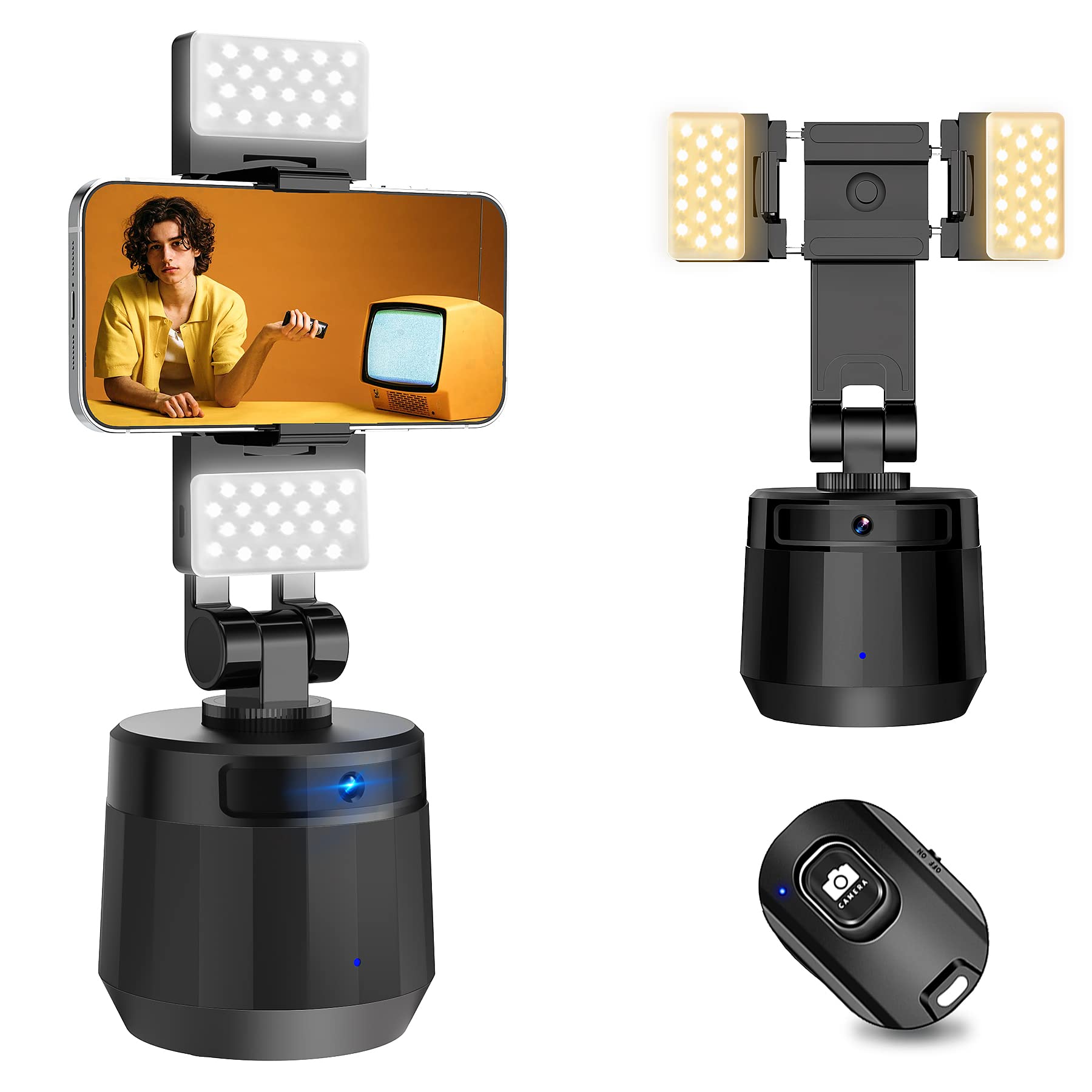 Auto Face Tracking Tripod Phone Holder, Smart Shooting Holder with Fill Light, No App, 360 Rotation Phone Camera Mount for Video Recording (Black)