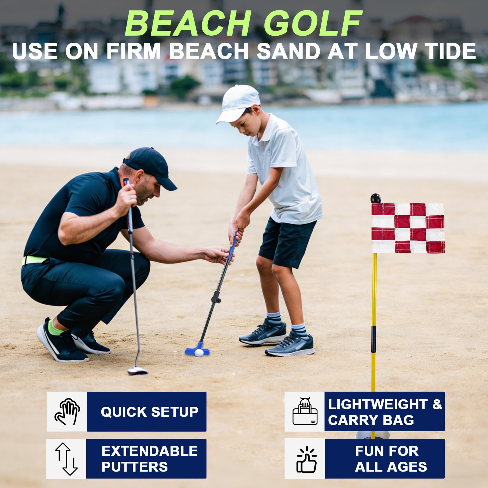Mini bandera de golf, bandera verde para patio, playa, juego de marea baja, todos 3 pies, juego de tazas con agujero de bandera de golf, 2 putters ajustables, 3 banderas y copas de agujero, 6 pelotas