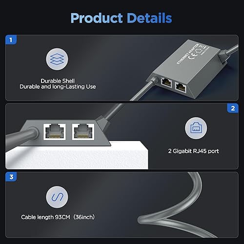 LUCMO Multi Ports Starlink Ethernet Adapter for Starlink Gen 2 Wired External Network, 2 Ports Starlink Ethernet Adapter 1 to 2 [2 Devices Networked Simultaneously] - Up to 1 Gbps