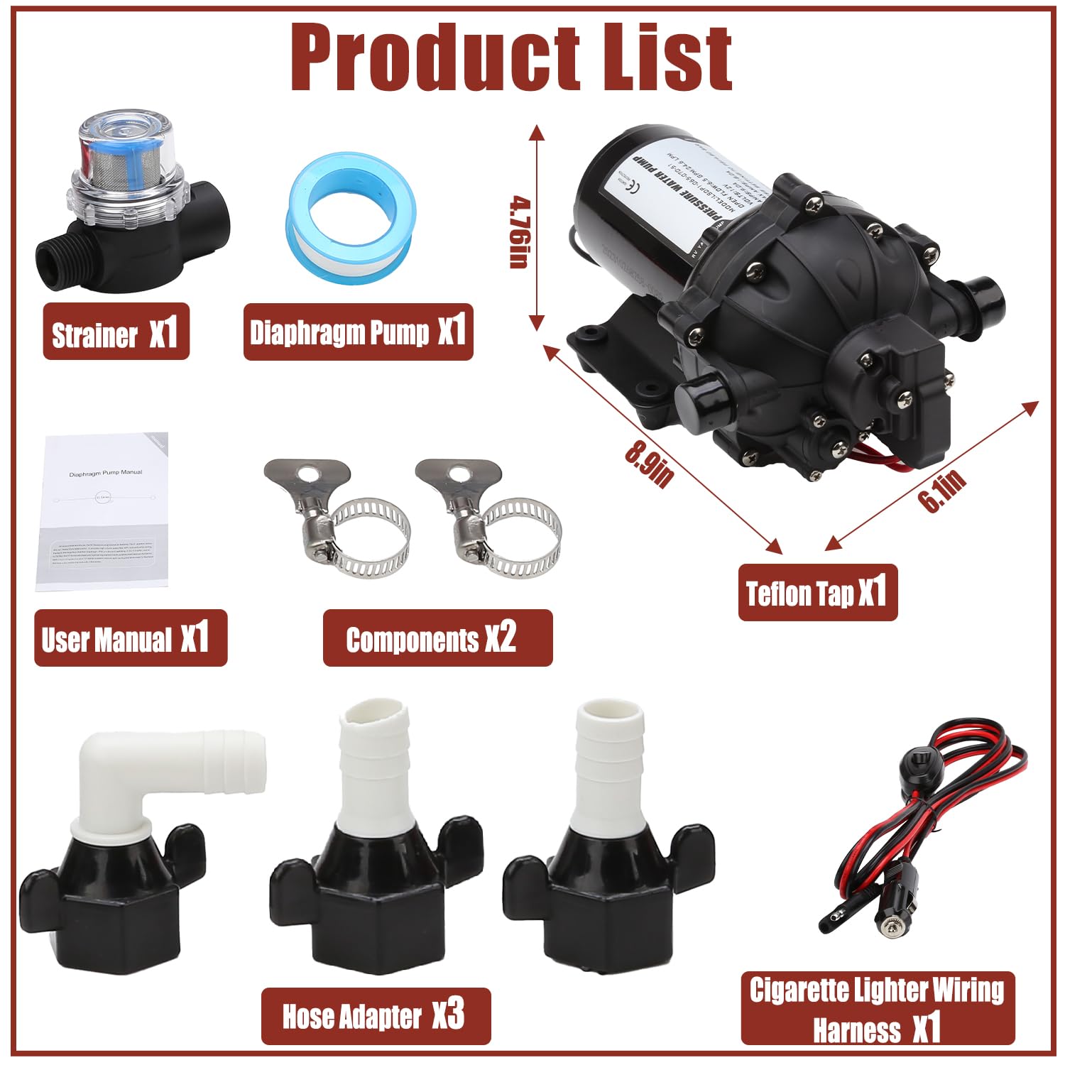 Pompa a membrana a pressione dell'acqua da 12 V, 70 PSI 6,5 GPM RV autoadescante con adattatori per tubo flessibile per irrigazione, yacht, autolavaggio