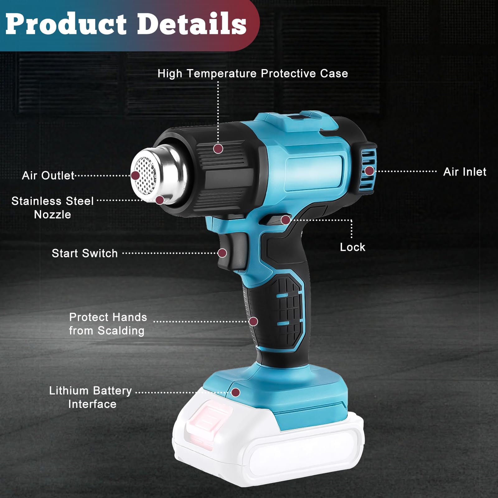 Pistola de Calor Inalámbrica para Makita de 18V Batería, Pistola de Aire Caliente con 3 Boquillas, Temperatura Máx. 550 °C, Calentamiento Rápido, Para Manualidades, Tubos (sin batería)