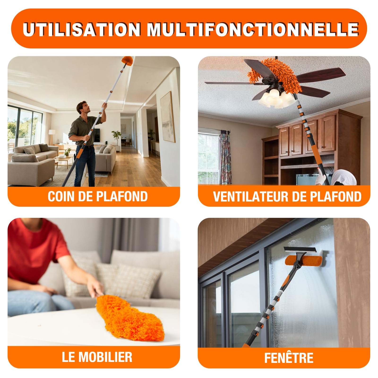 SISUPASSIE 7,2m Plumeau Poussiere Telescopique avec Perche Télescopique, Plumeau Microfibre, 2-en-1 Raclette Vitre Professionnel, Utilisation intérieure et extérieure