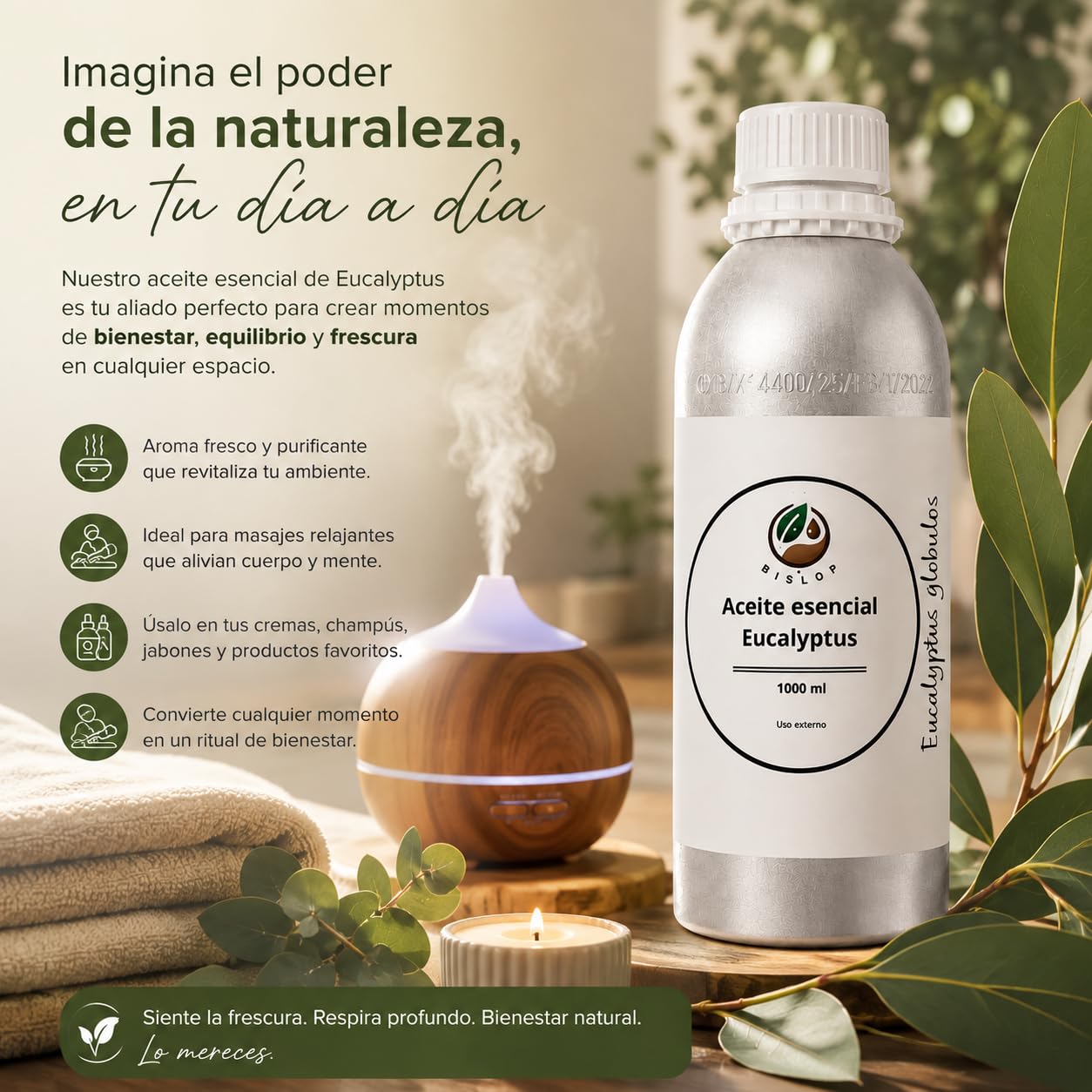 Aceite Esencial de Eucalipto 100% Puro 1 Litro (1000 ml), Destilado al Vapor, para Aromaterapia, Difusores, Spa, Baños, Jabones y Elaboración de Productos Cosméticos - BISLOP