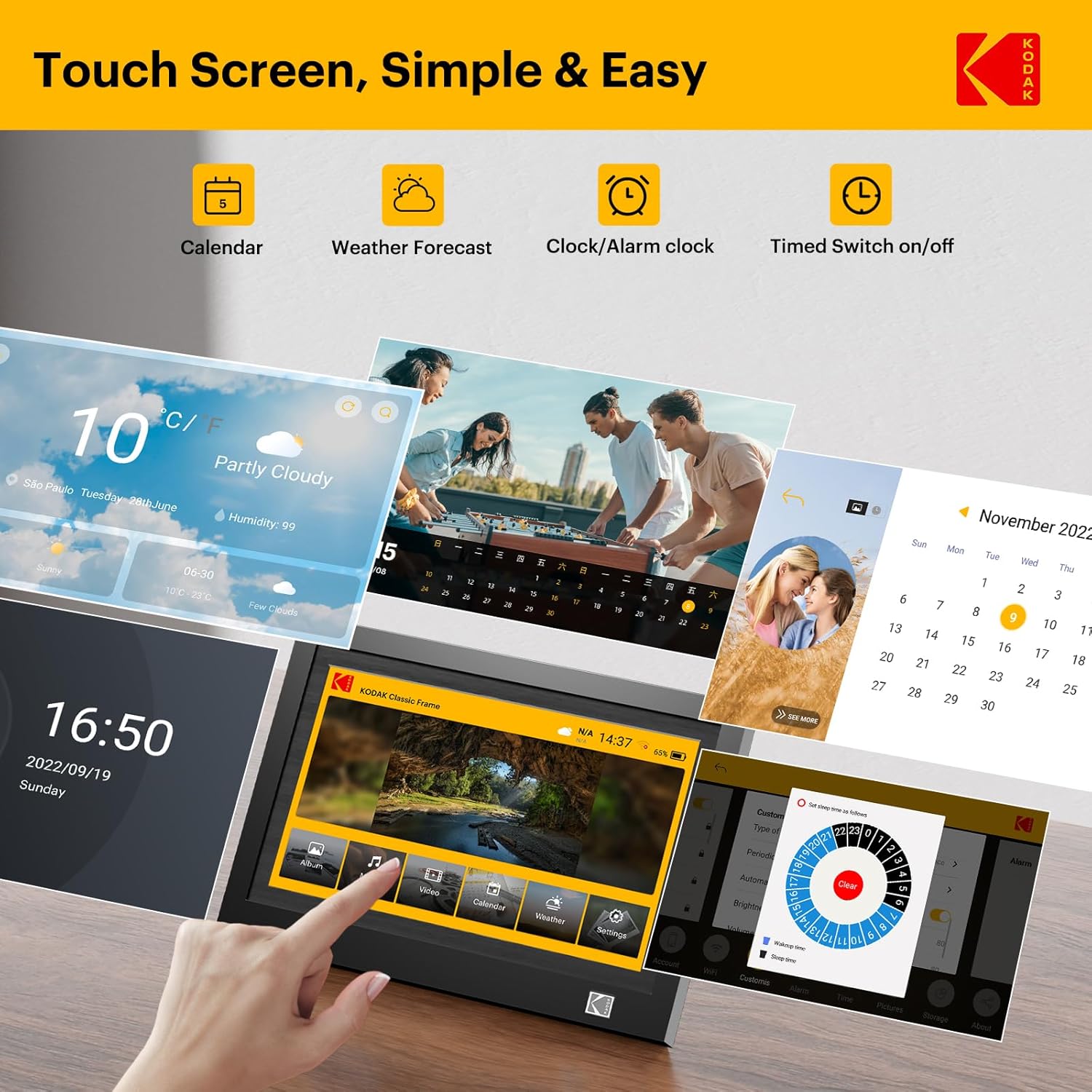 The KODAK digital picture frame's touchscreen interface showing various functions like Calendar, Weather Forecast, Clock/Alarm clock, and Timed Switch on/off, along with media playback options.