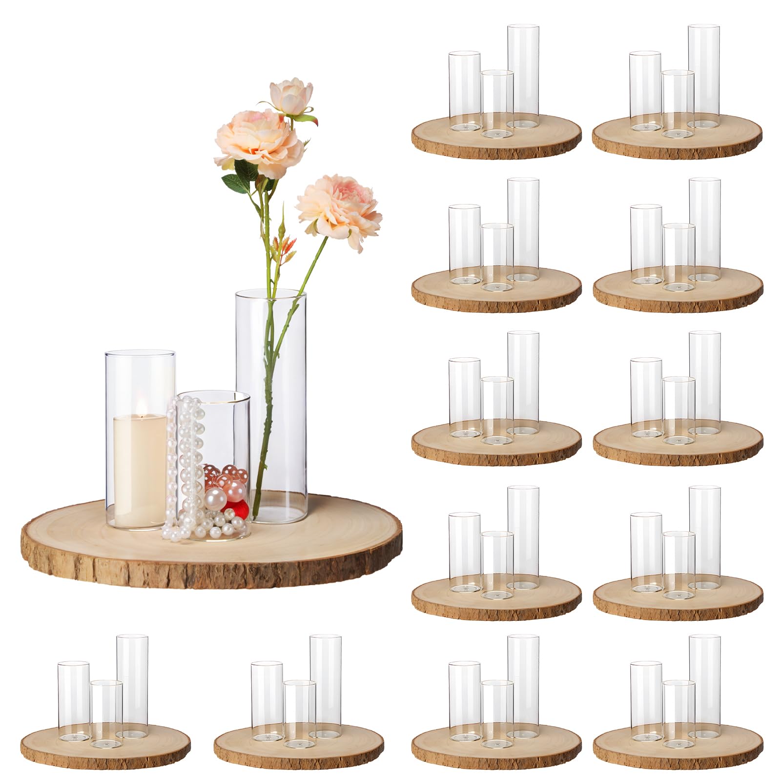 Grands vases à fleurs transparents et grands rondins de bois de qualité supérieure