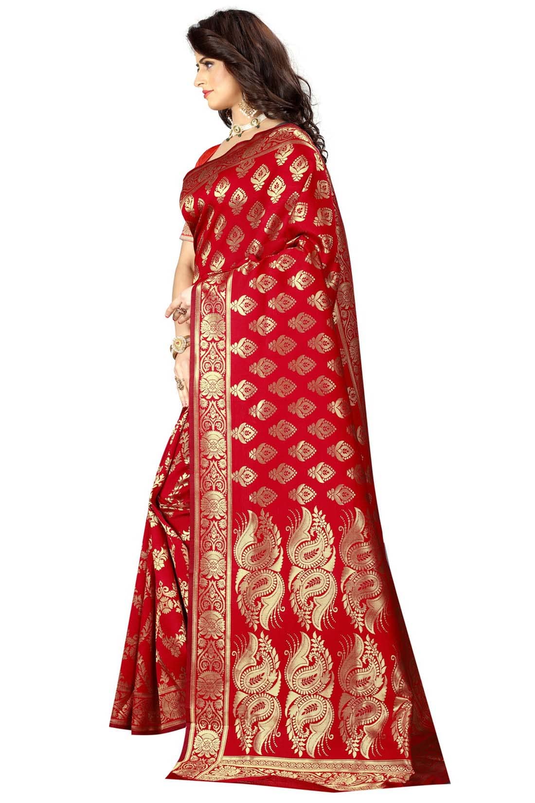 Sugathari Women's Art Silk Red Kanchipuram Saree (San Pari 75 Red)