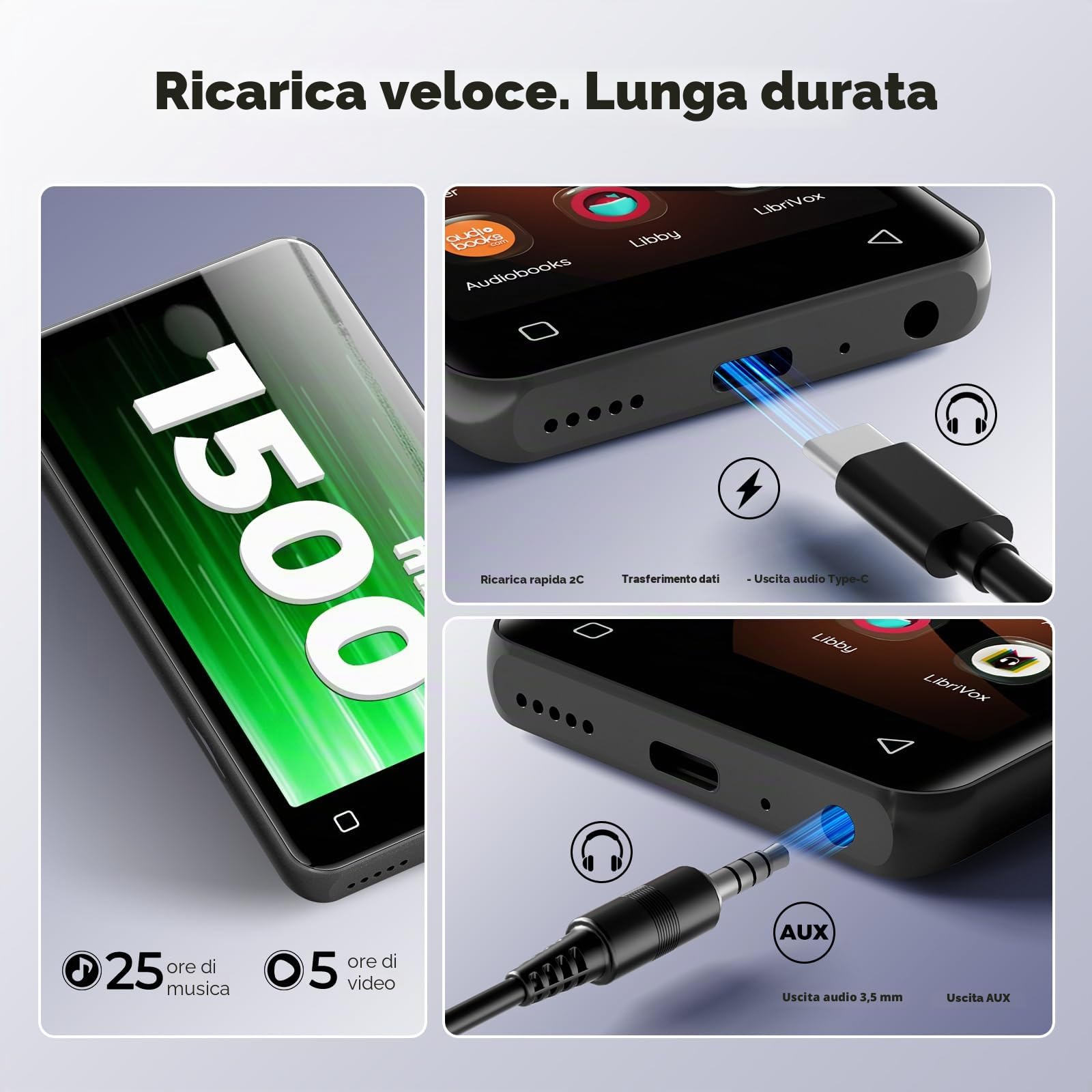 Innioasis Lettore MP3 con Bluetooth e WiFi, lettore MP3 da 160 GB con Spotify,Pandora, Amazon Music, Audible, Libby, audiolibri,touch screen da 4 pollici, lettore Android MP3 MP4 con（Nero）