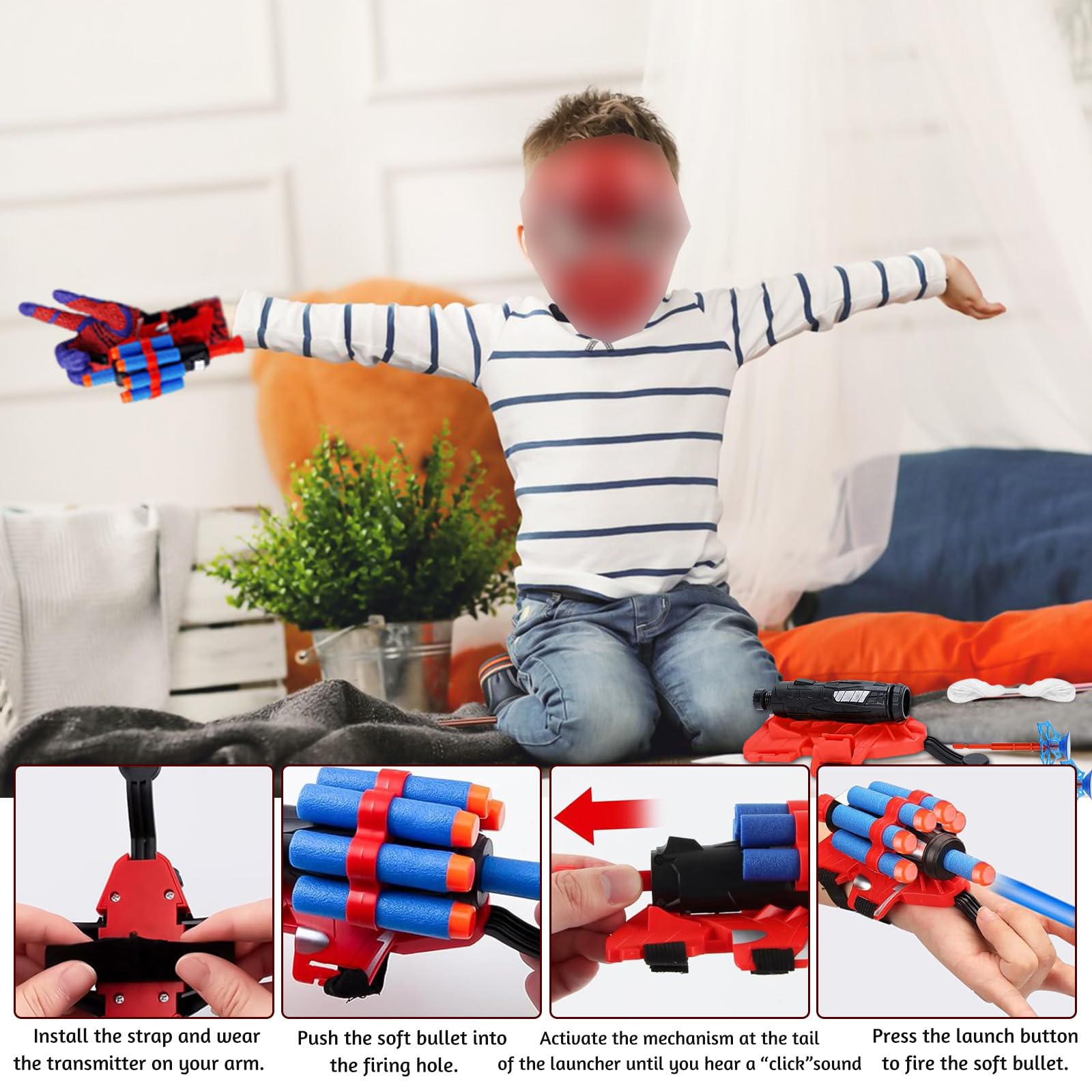 NHYDZSZ Set di 2 Guanti Spiderm per Bambino, Giochi Spiderm con Launcher e Maschera, Giocattolo da Polso, Spara Ragnatele Cosplay, Regalo Eroe per Feste e Compleanni, Giochi Bambino 5-10 Anni