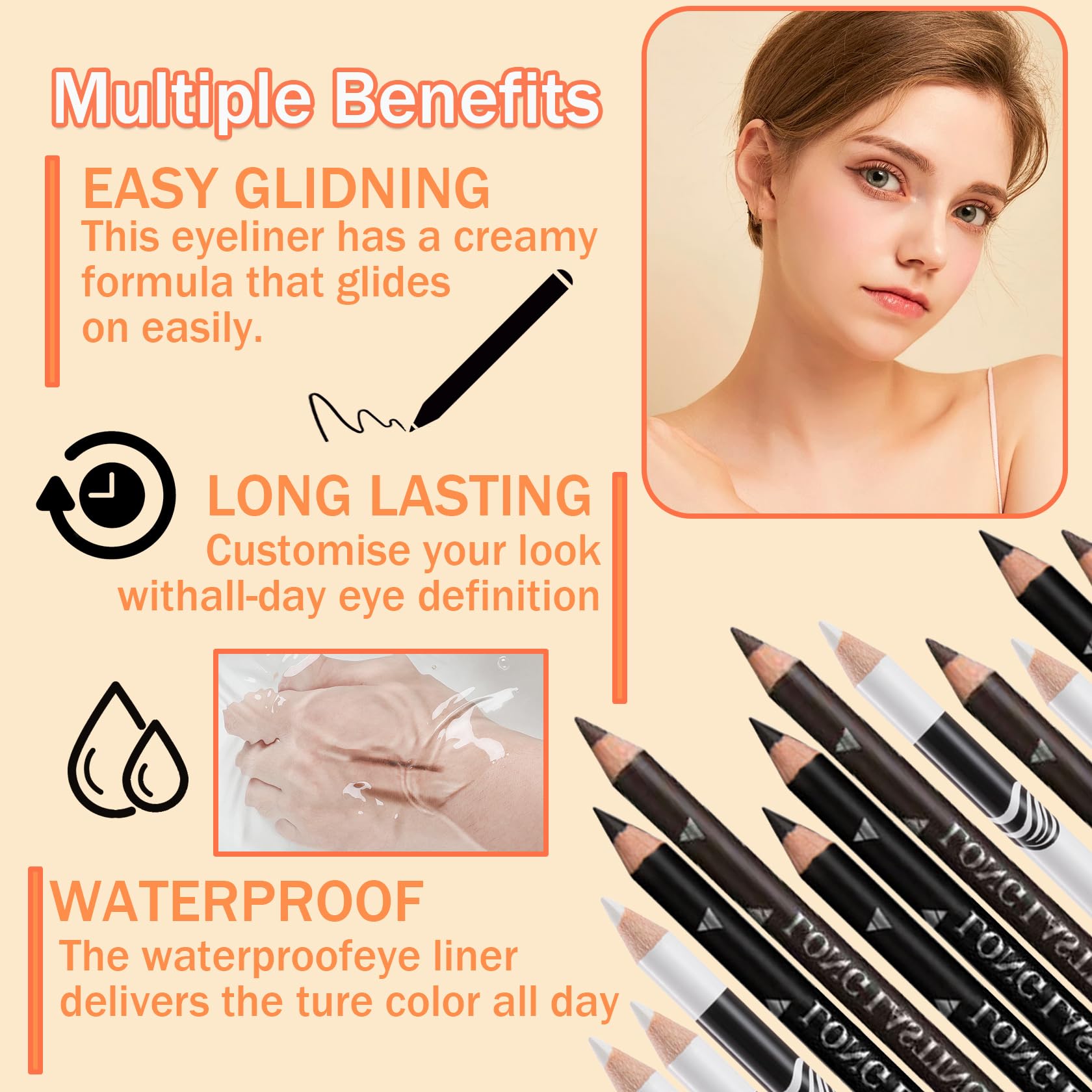 12 lápices delineadores de ojos, color negro, blanco, marrón oscuro, impermeable, a prueba de manchas, larga duración, mate, delineador, lápices de maquillaje, lápiz delineador de ojos de 6