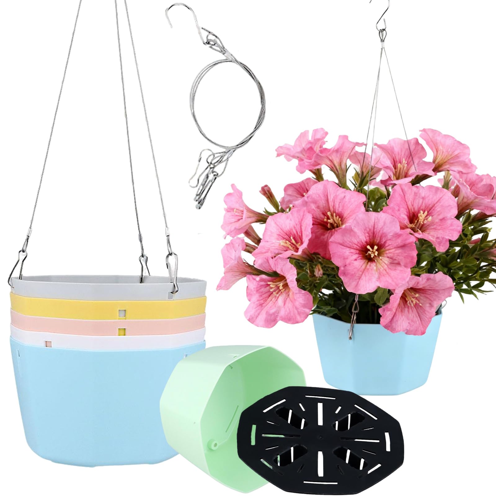 MUKSUET 12 PCS 15cm Hanging Planters with Drain Plug Drain Saucers & Chain Hooks, Plastic Flower Pots for Indoor Outdoor Garden, Porch, Home Decor (6 Colors)