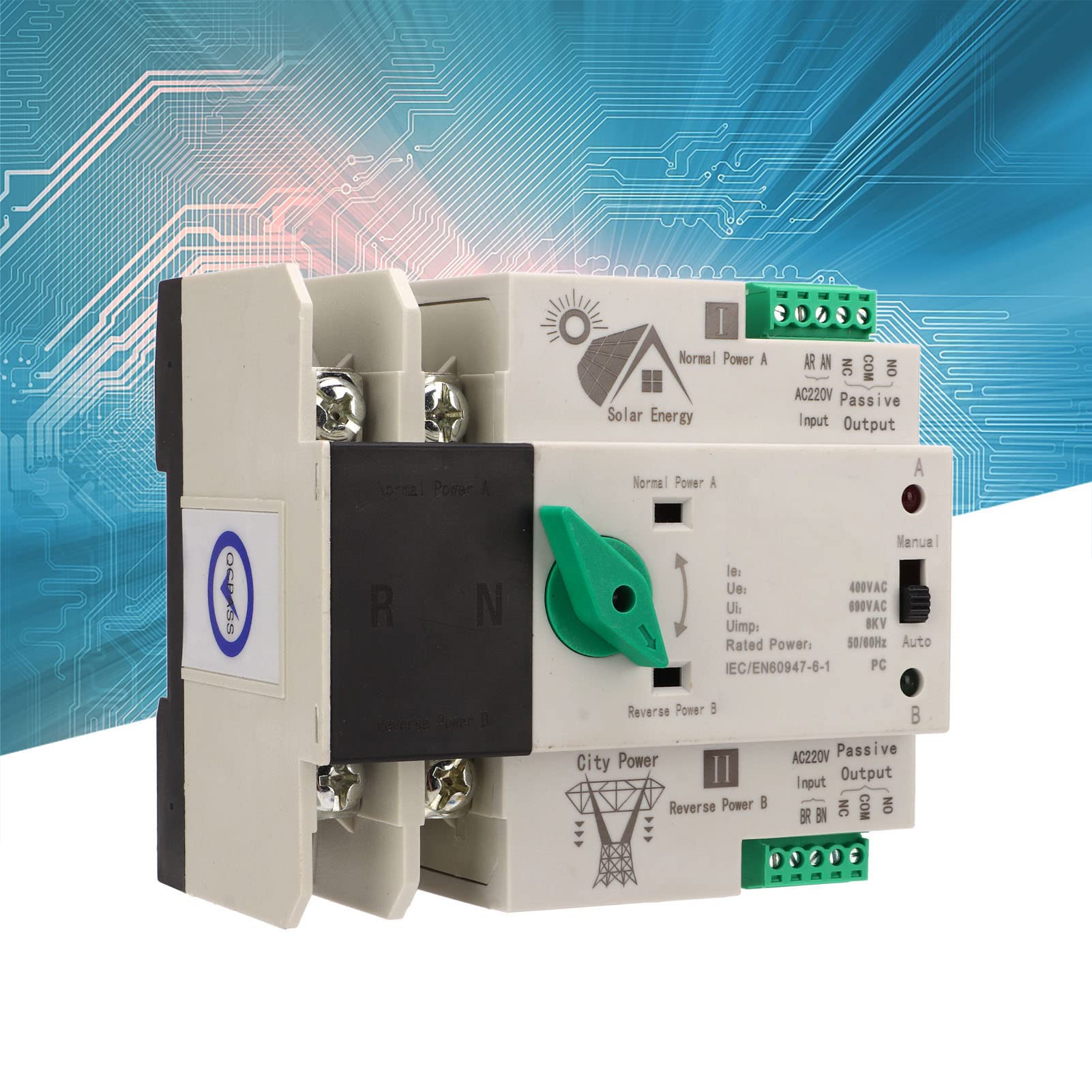 Interruttore di Trasferimento Automatico Mini ATS 2P, Interruttore di Trasferimento Automatico a Doppia Alimentazione su Guida DIN AC220V(#2)