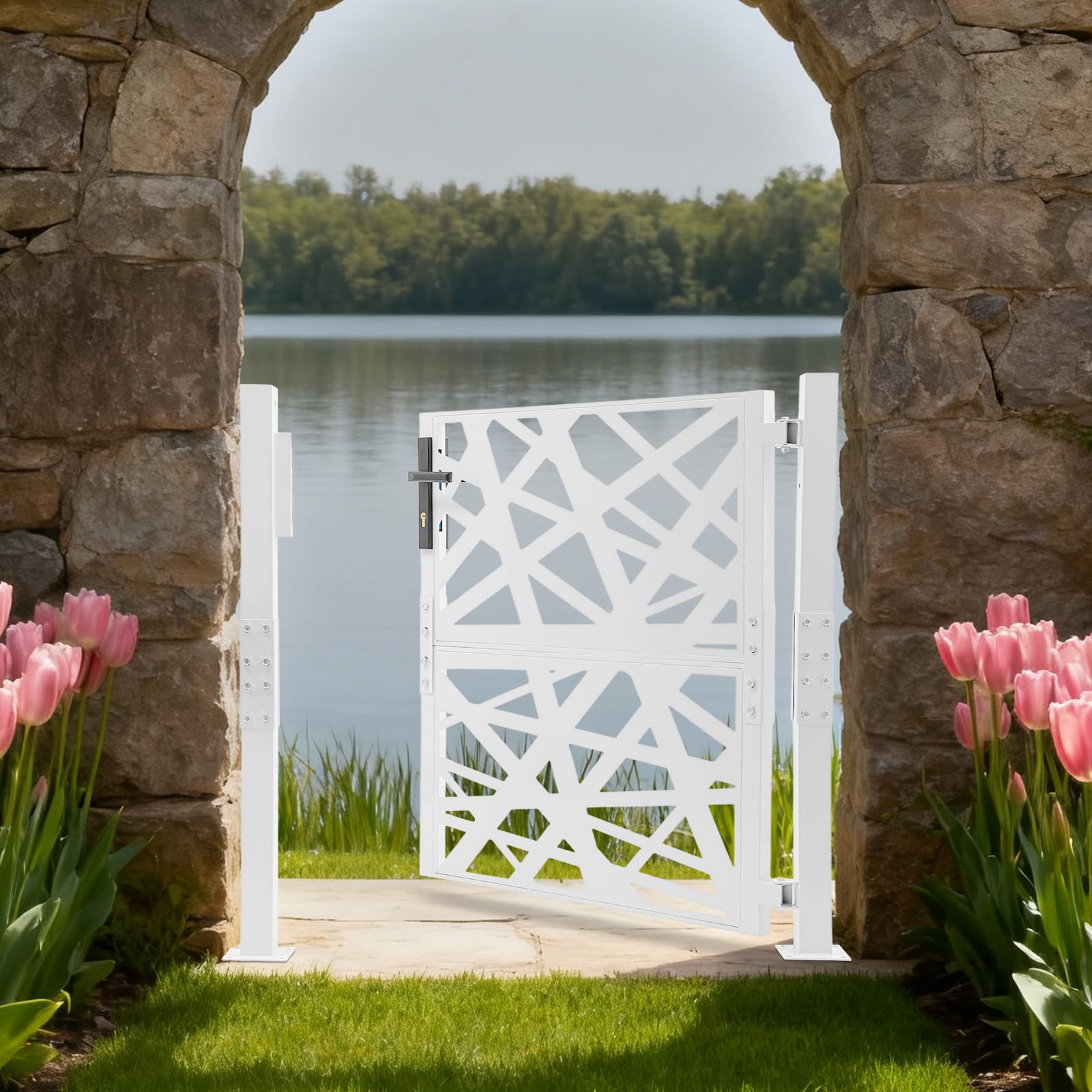 Cancello da giardino in metallo, porta da giardino in acciaio, chiudibile a chiave, cancello del cortile e cancello d'ingresso per giardino, terrazza e vialetto con design a motivo geometrico forato