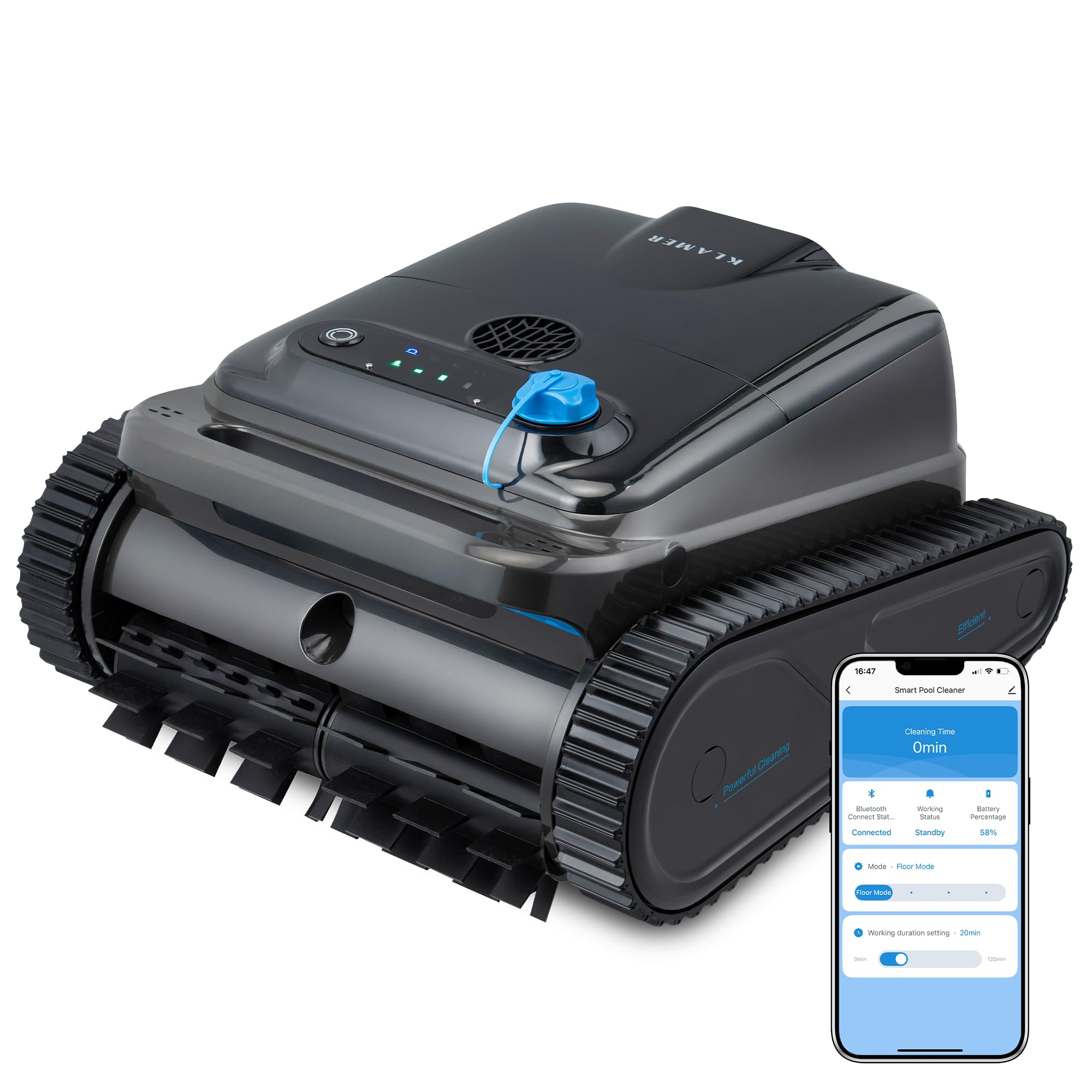 KLAMER Poolroboter Akku Kabellos, Wand & Boden, 150 Min, 200 m² | Bluetooth App-Steuerung, 4 Reinigungsmodi, Waschbarer Filterkorb, Display mit Akkuanzeige, bis 200 m², 150 Min Laufzeit