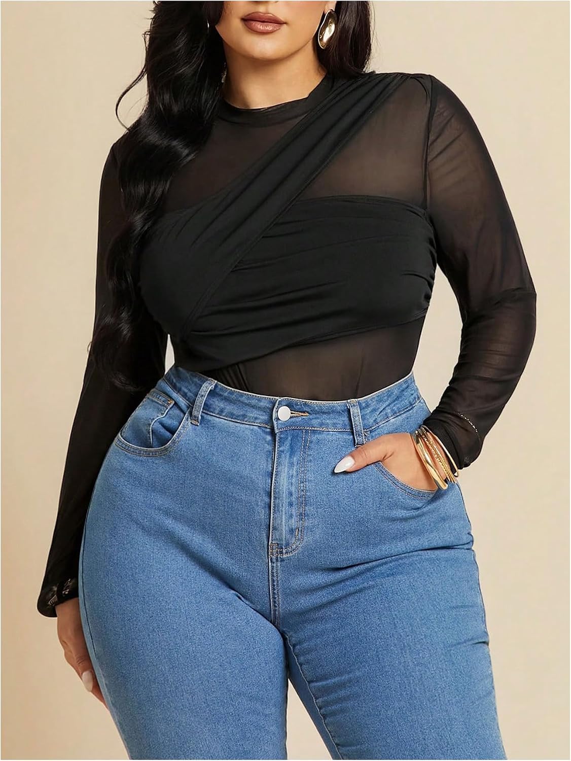WDIRARA Women's Plus Size Sheer Mesh Bodysuit Ruched Mock Neck Long Sleeve Body Suit