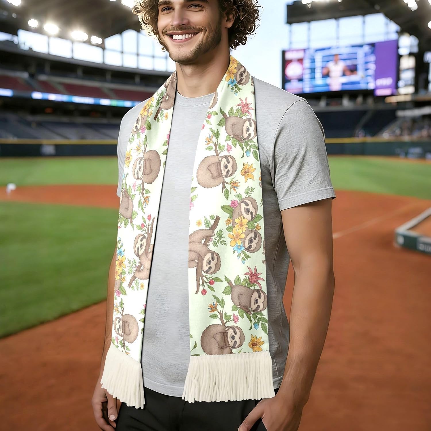 CHIFIGNO Cute Sloth Flower Sports Fan Scarf Sweat Towel, 100% Polyester Quick Dry Rally Towel for Soccer Fans, Cheering Banner Scarf