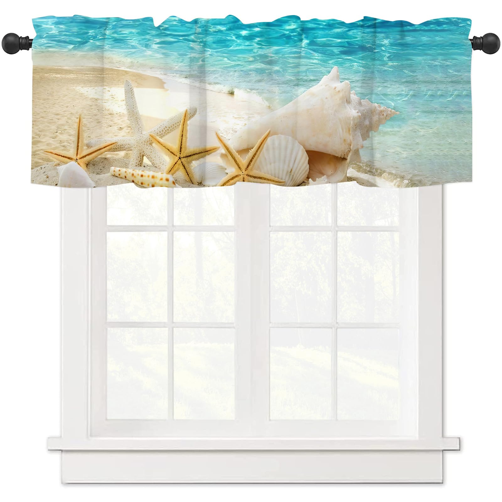 Gaakvrr Sea Beach Starfish Seashell Valances for Windows, Window Treatment Valances Half Window Curtain Valance for Kitchen Living Room Bedroom Decor 137x45cm