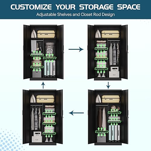 Miniatura 35 de MIIIKO Armario de almacenamiento de ropa de metal, armarios de acero con estantes y barra para colgar, armario de almacenamiento grande de 72 Blanco