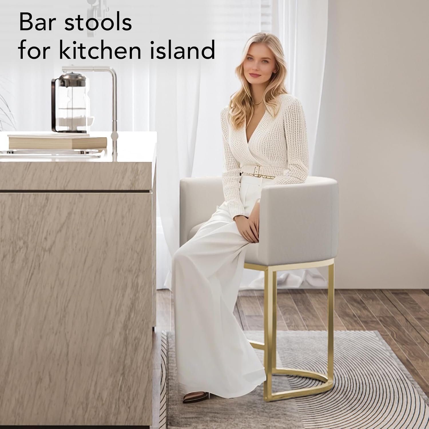 Golden Base Counter Stools Set of 4, Upholstered 26" Seat Height Modern High Bar Stools with Armrests for Home Pub,Linen Snow White/Polished Gold Metal Base