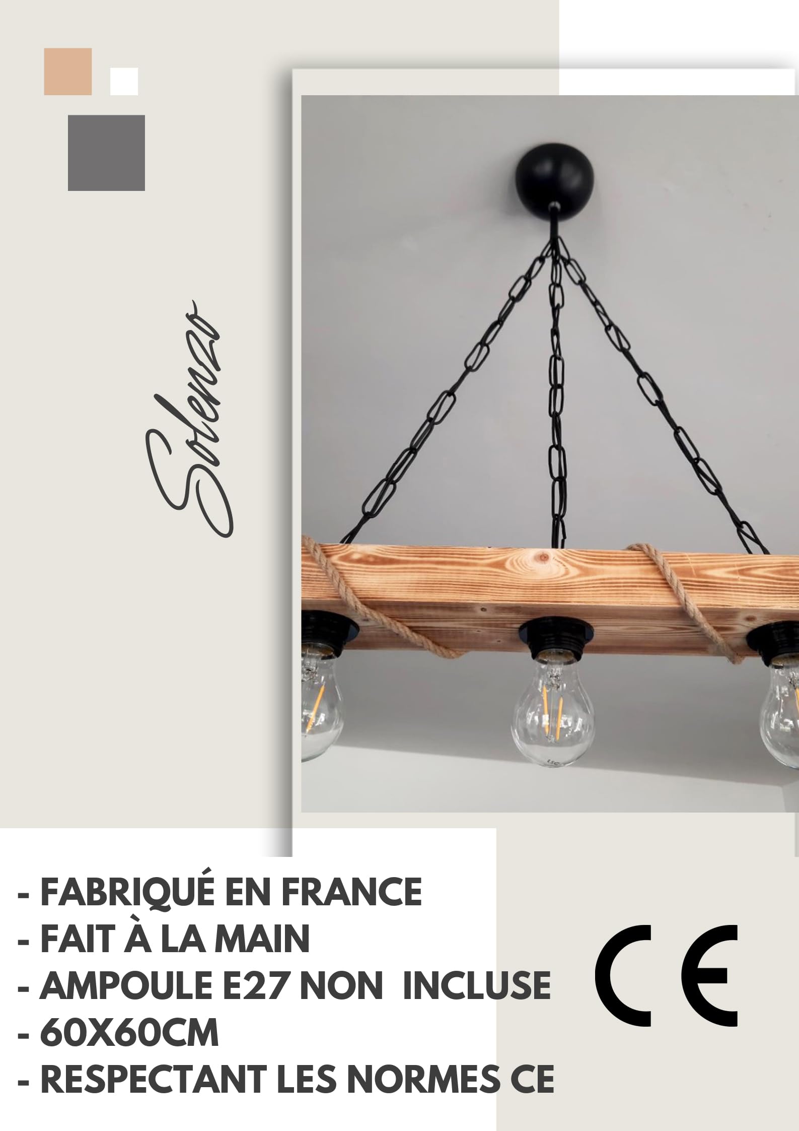 Lampadario a sospensione in legno e corda stile industriale, rustico, da campagna, chic, con 3 lampadine (E27)