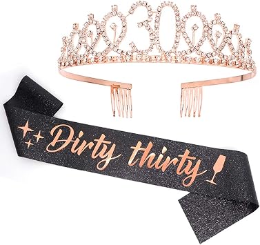 Dirty Thirty Sash & Rhinestone Tiara Set - 30th Birthday Gifts for Women - Black Glitter/Rose Gold