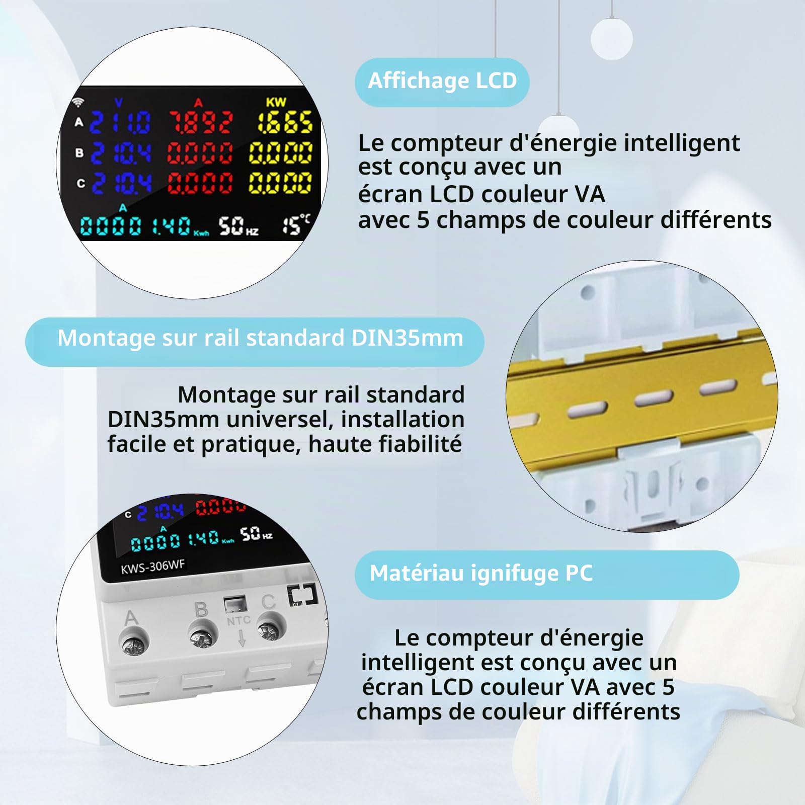 3-Phase WiFi Compteur Electrique avec Télécommande APP, 85-290V 80A