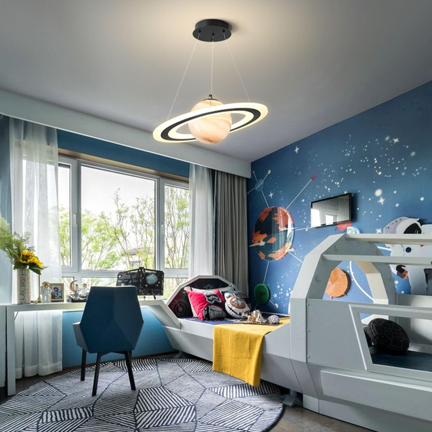 Lampadario Sospensione Bambini - Plafoniera LED Moderna a Forma di Pianeta, 45W Dimmerabile con Telecomando, Design Creativo Spaziale per Cameretta, Nursery e Area Giochi (Arancione, 55cm)