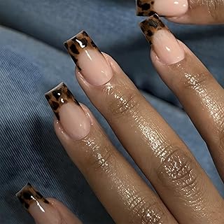 24 Stück French Tip Press on Nails, Medium Square Fake Nails mit Leopard Print Designs, Fake Nails, Kunstnägel, Fake Nägel