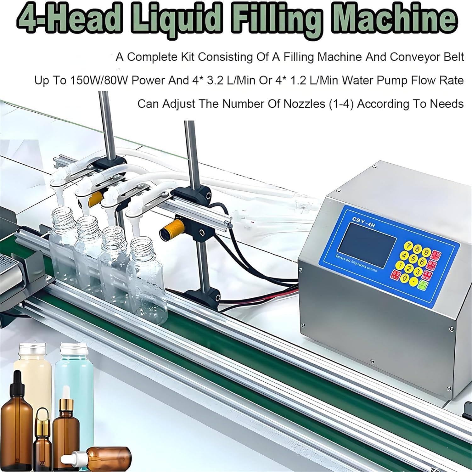 Macchina Riempitrice Quantitativa Liquidi a 4 Ugelli Regolabili, Nastro Trasportatore, 10-5000ml, Mini Linea Produzione per Acqua Succo Olio Latte Detersivo 4H3200