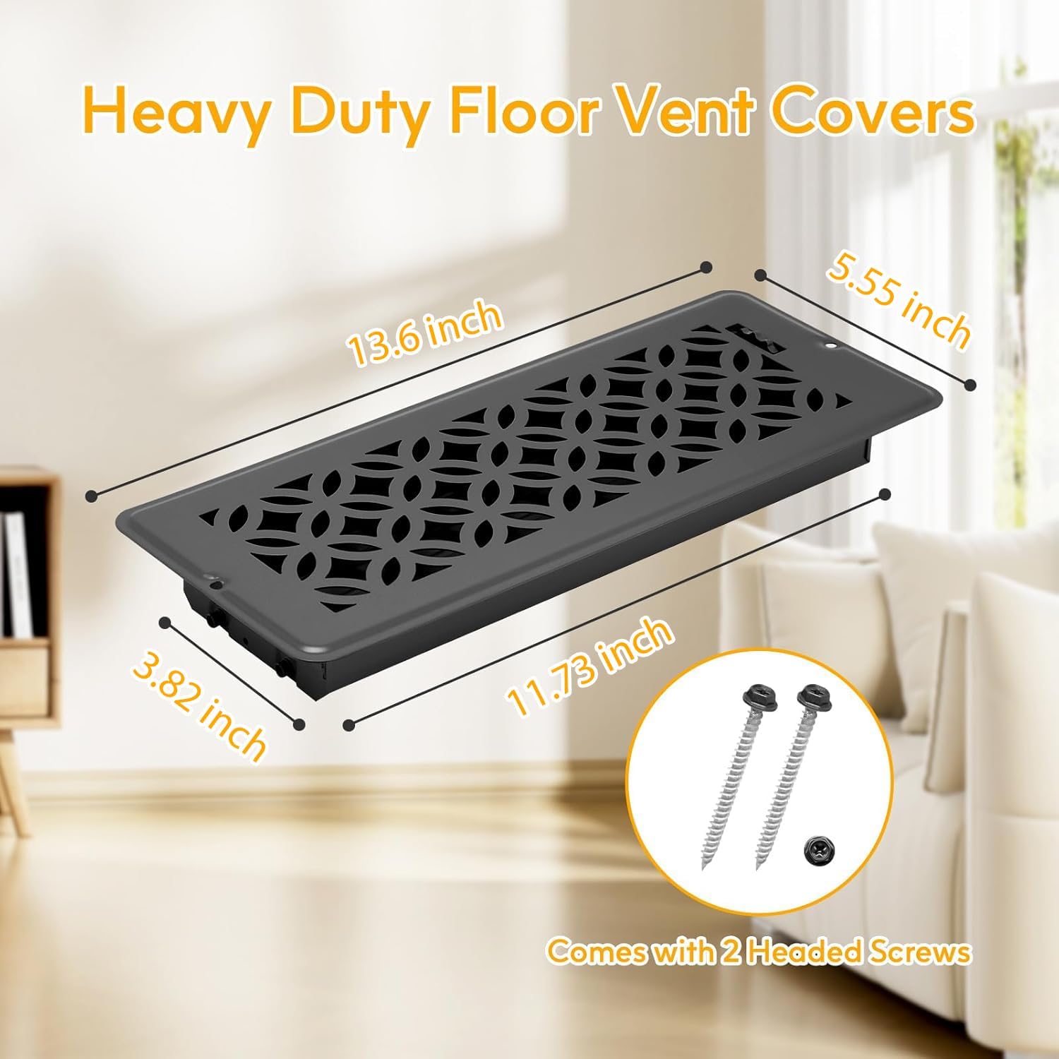 Floor Vent Covers, Floor Register 4x12, 2 Pack Adjustable Decorative Vent Covers for Home Floor, Ceiling or Sidewall Vent with Screws, Rust-Proof Heavy Duty Walkable Steel Floor Vents (4" X 12") image 2